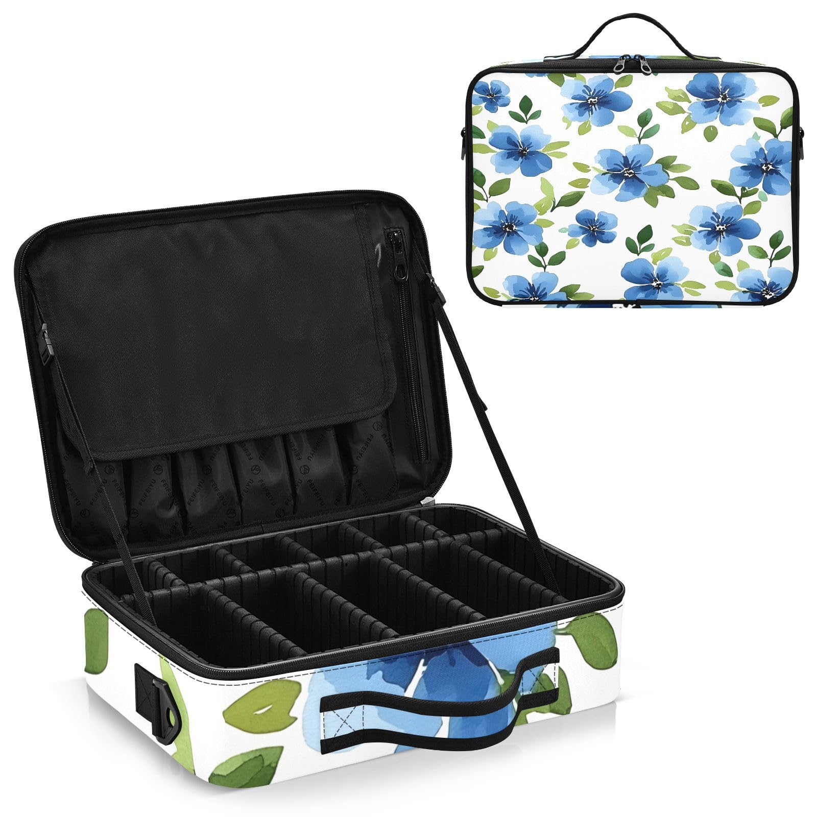 zyrtty Travel Makeup Train Case Blue Flower Plants Green Pattern Cosmetic Organizer Portable Storage Bag with Adjustable Dividers for Cosmetics Brushes Toiletry Jewelry Digital Accessories