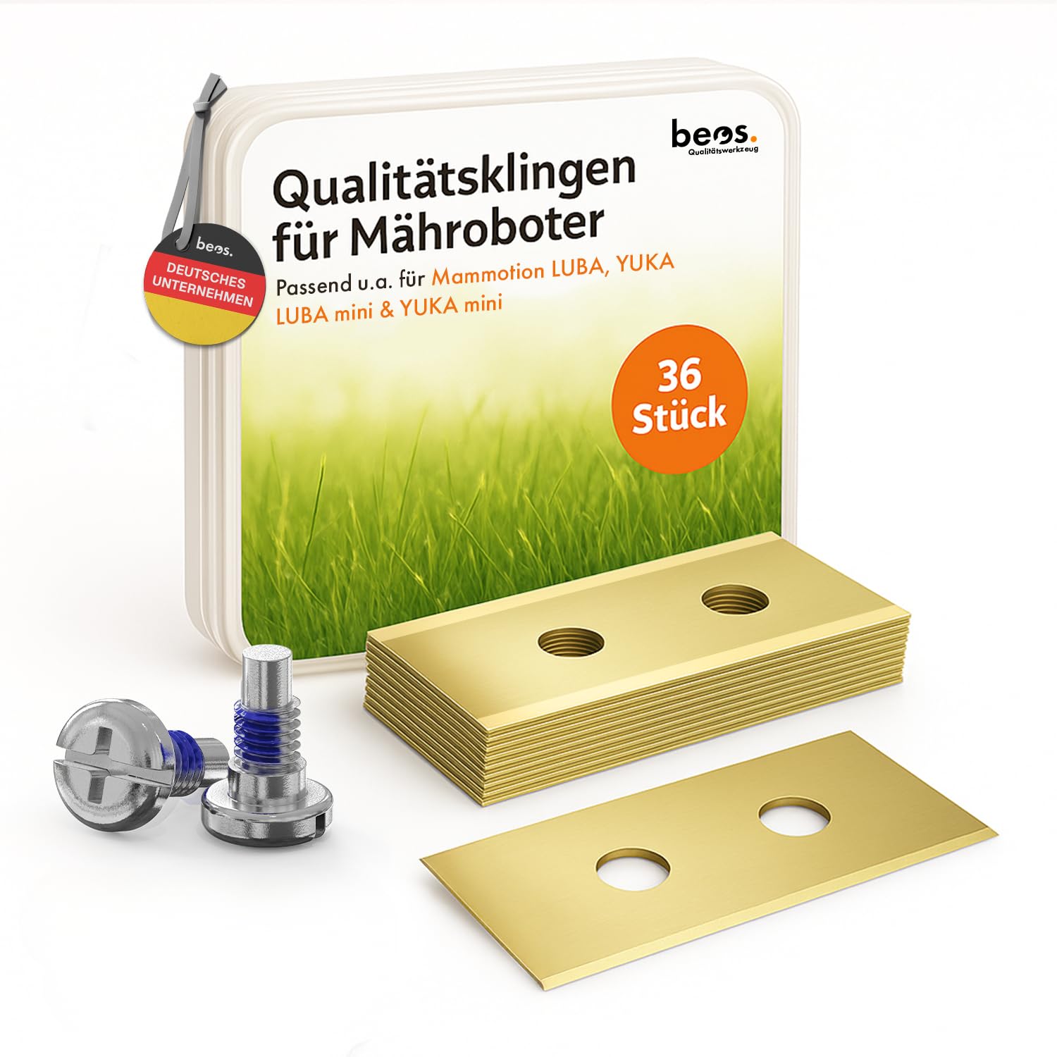 BEOS 36x Premium Titan Ersatzmesser + Schrauben mit Sicherung - Messer kompatibel mit Mammotion LUBA, LUBA 2, YUKA, LUBA Mini & YUKA Mini, verbessertes Schraubendesign für Mammotion