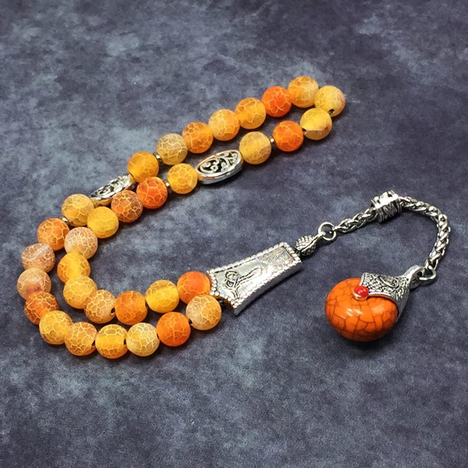 Prestige Series 2 Worry Beads - Prayer Tesbih Tasbih Tasbeeh Misbaha Masbaha Subha Rosary (Weathered Dark Orange Agate Stone, 8 mm, 33 Beads)