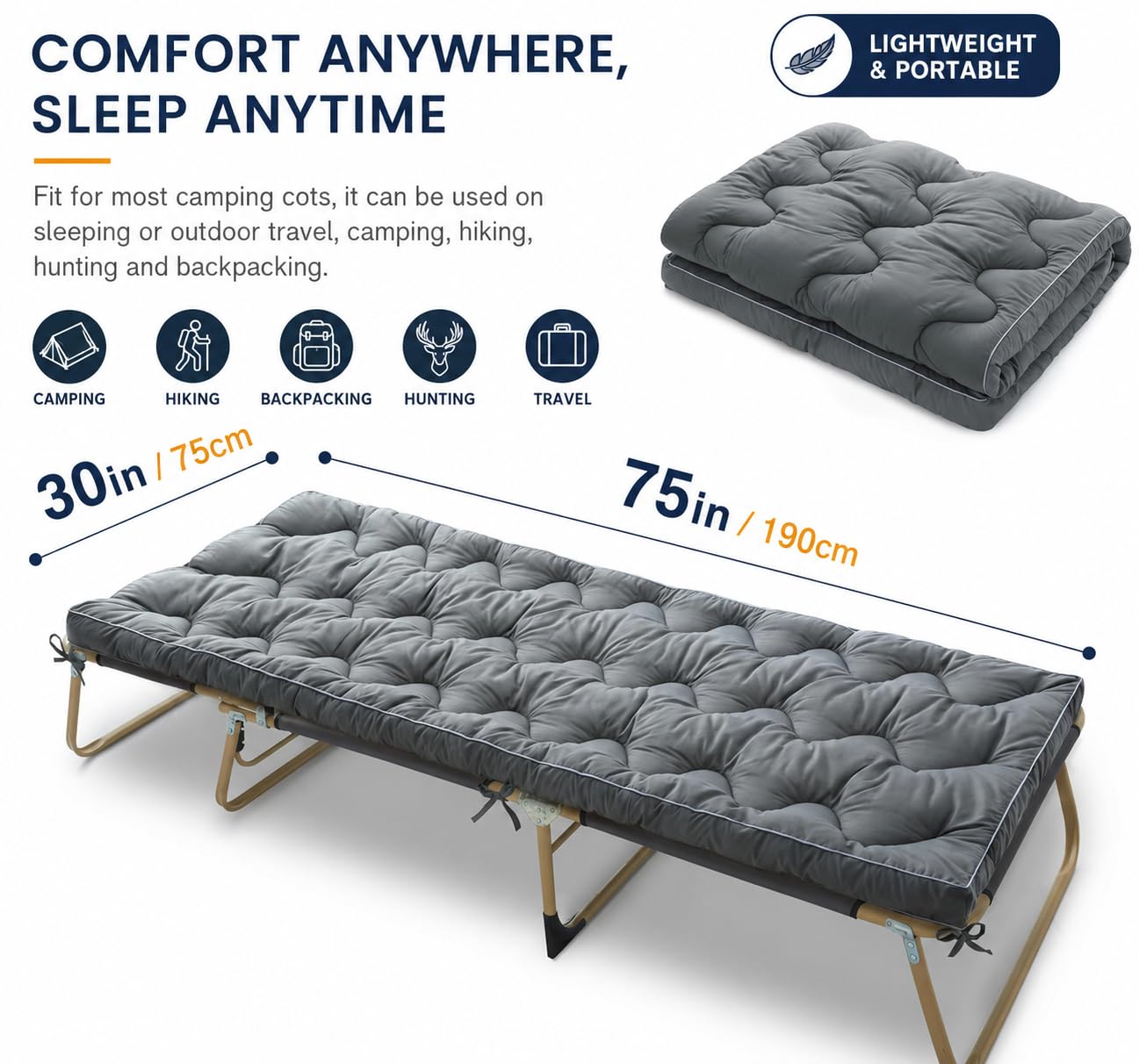 Jamdok Matelas de couchage épais pour lit de camp (190 x 75 cm), lit matelassé pour dormir en camping, matelas de couchage pour le sol, portable - gris