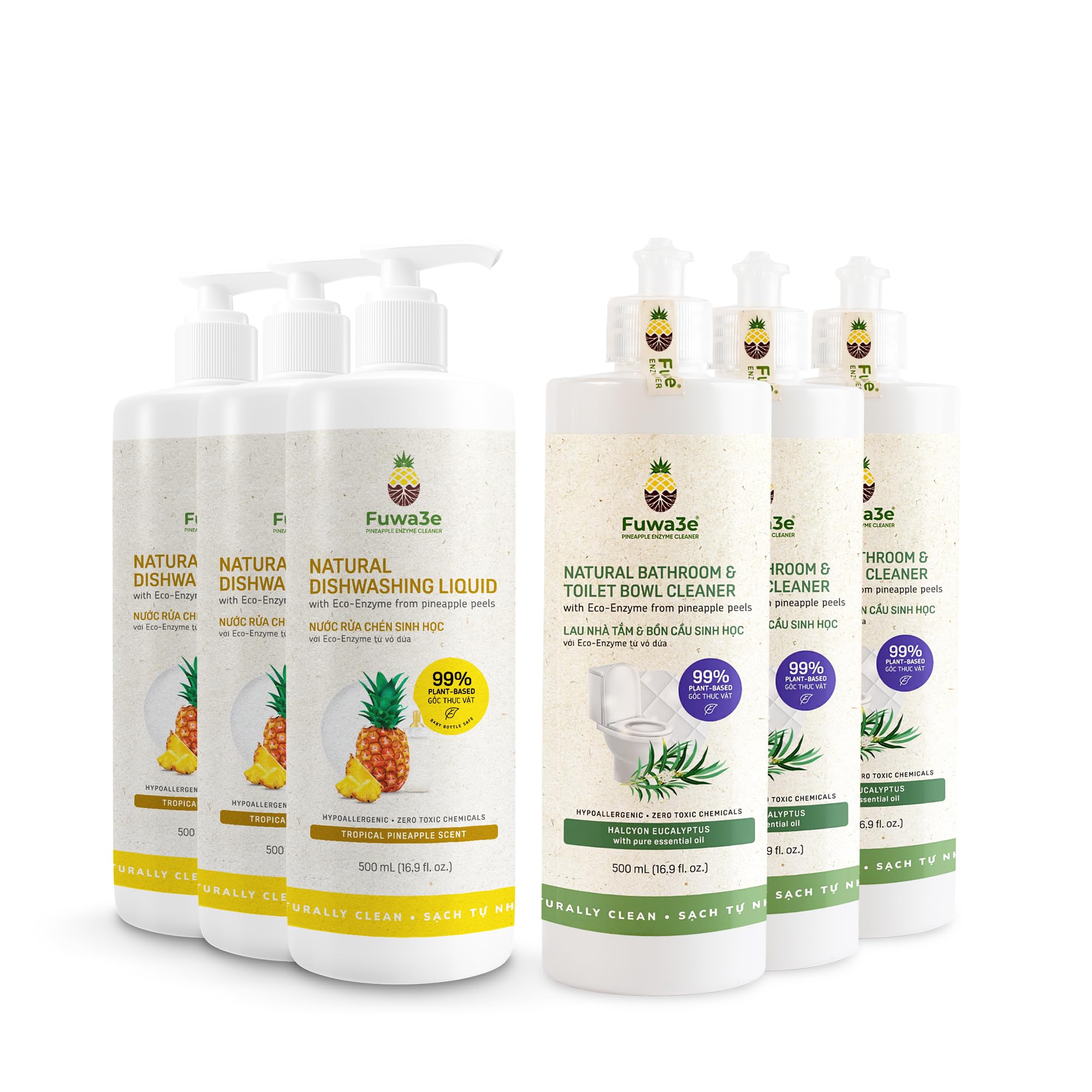 Fuwa3e Natural Dish Soap Pineapple (3 Pack) & Bathroom Toilet Cleaner (3 Pack)