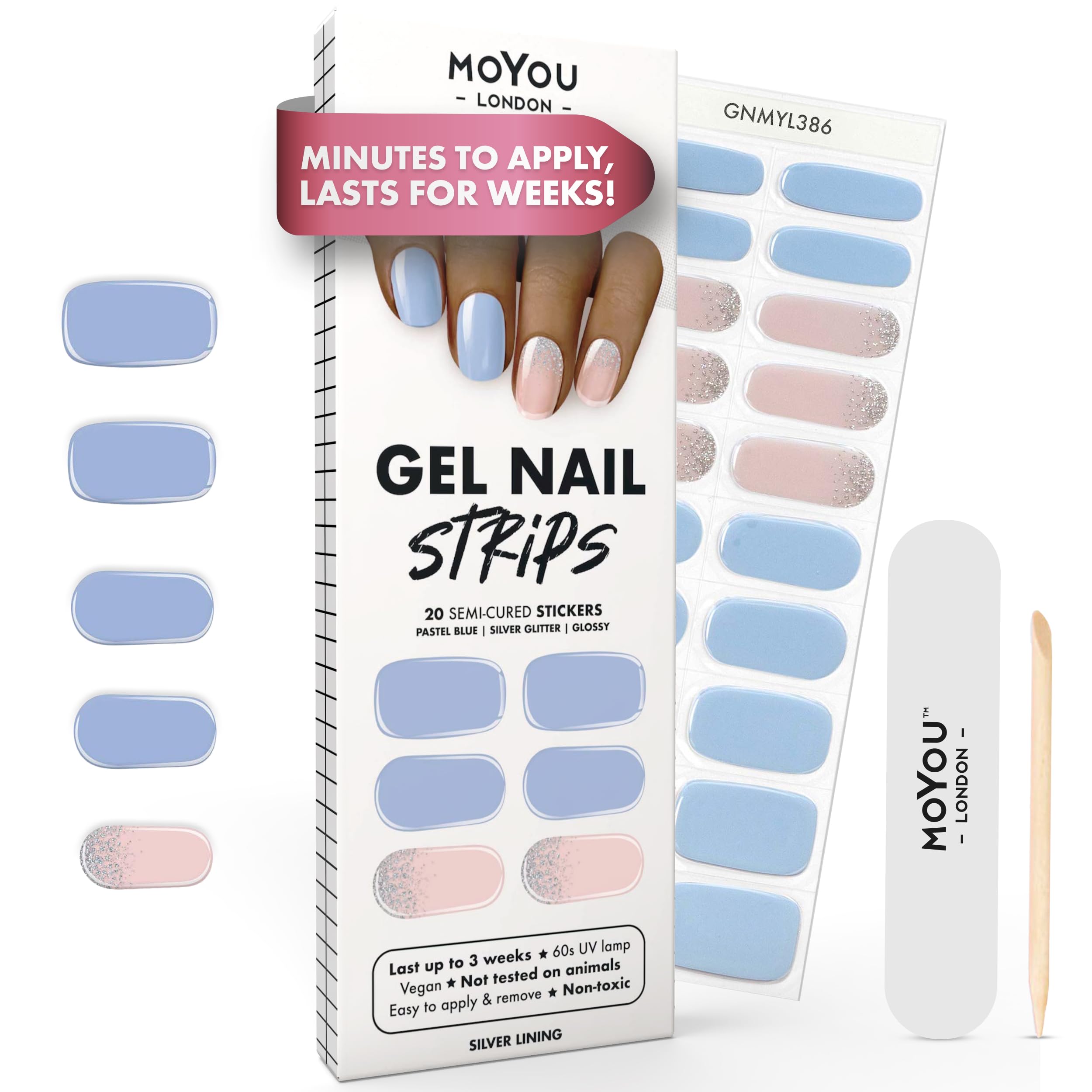 Moyou London Pastel Pink & Blue With Silver Glitter Semi Cured Gel Nail Strips - 20 Pcs. Waterproof Gel Nail Wraps, Cures In Sunlight Or Uv/Led Lamp, Lasts Up To 2+ Weeks, Stretchable, Easy To Apply & Remove, Vegan & Cruelty-Free