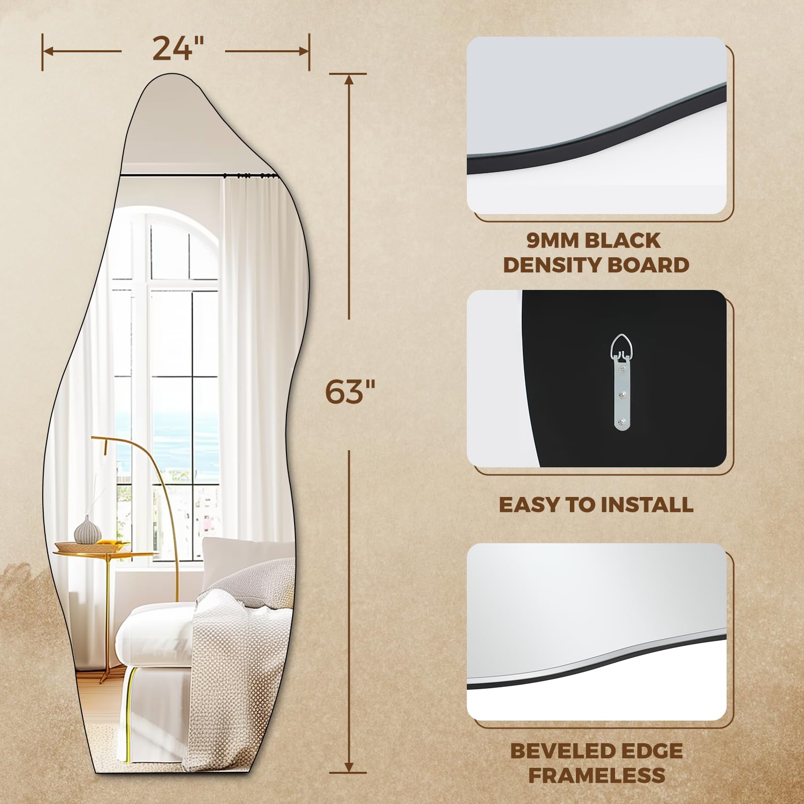 Espejo de longitud completa de 63 x 24 pulgadas, espejo de pared irregular sin marco para sala de estar, baño, dormitorio, decoración de entrada 5