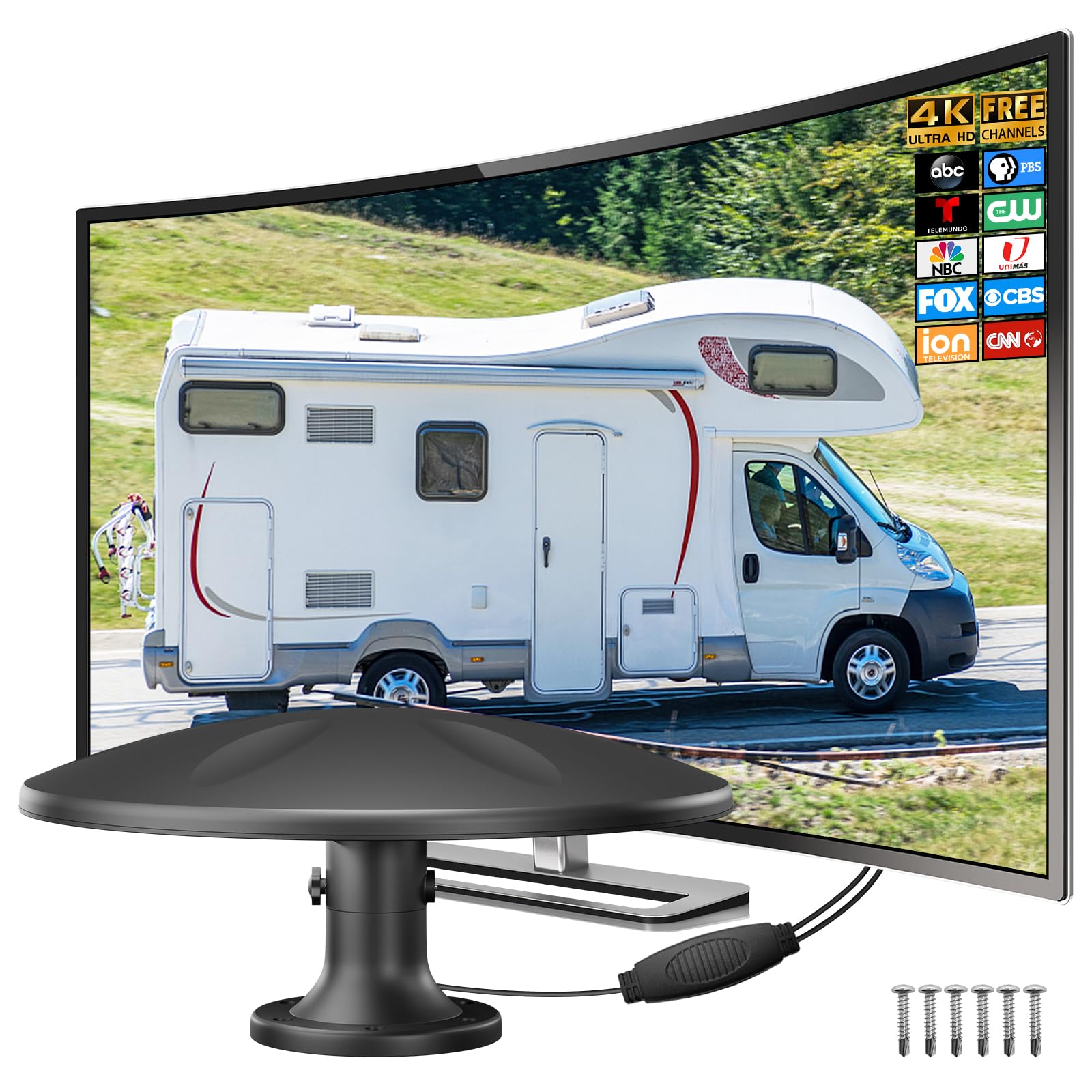 RV TV Antenna for Camper, Outdoor Smart Tv RV Antenna Roof Mount, 360° Omni-Directional Reception Long Range Digital 4K 1080P HDTV Antenna for RV