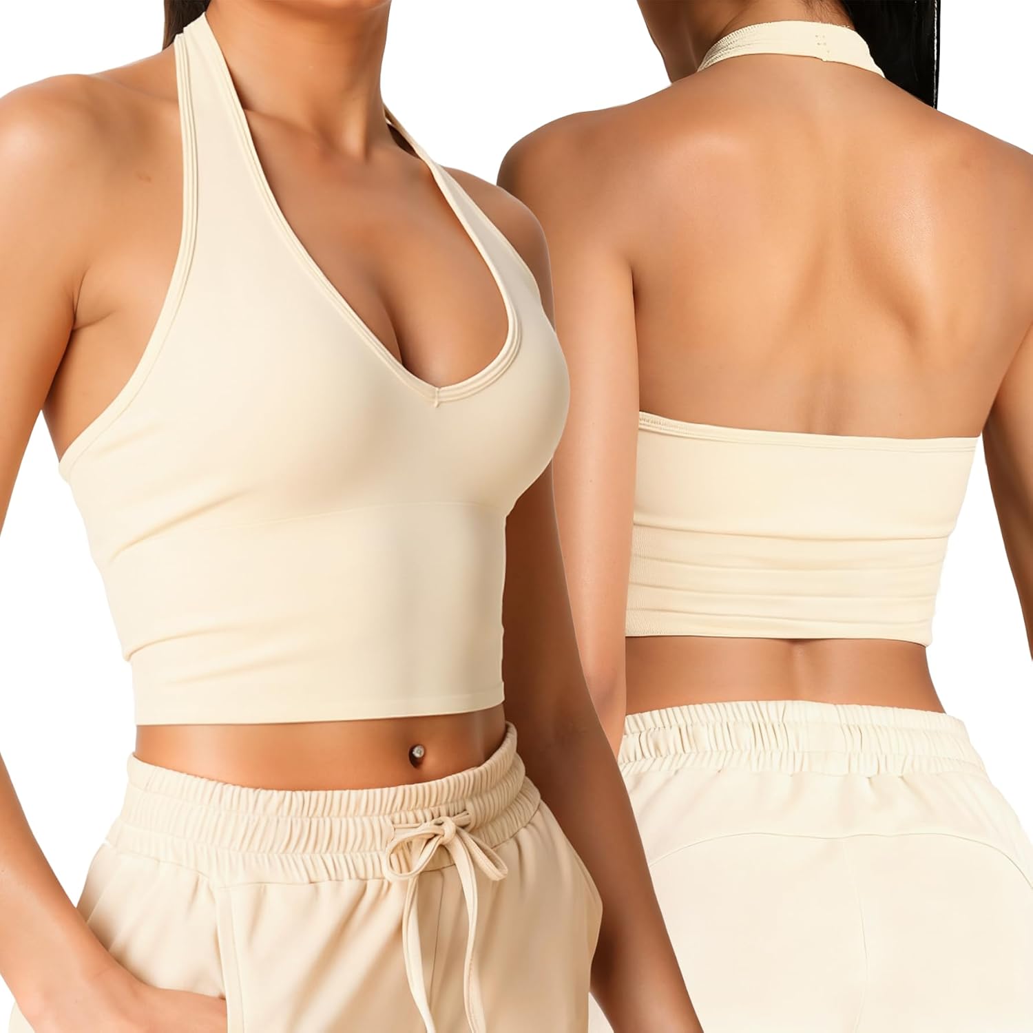 Halter Longline Sports Bras - Low Impact Open Back Bras Padded Workout Crop Tank with Built in Bra