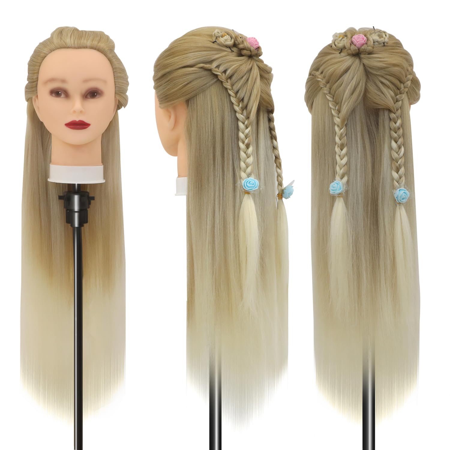 Trainingsköpfe, 28 inch Übungskopf Frisierkopf Friseur 100% Synthetikfaser-Haar Styling Kopf Frisierkopf für Frisöre mit kostenloser Klemme und DIY Flechtset (27-613)