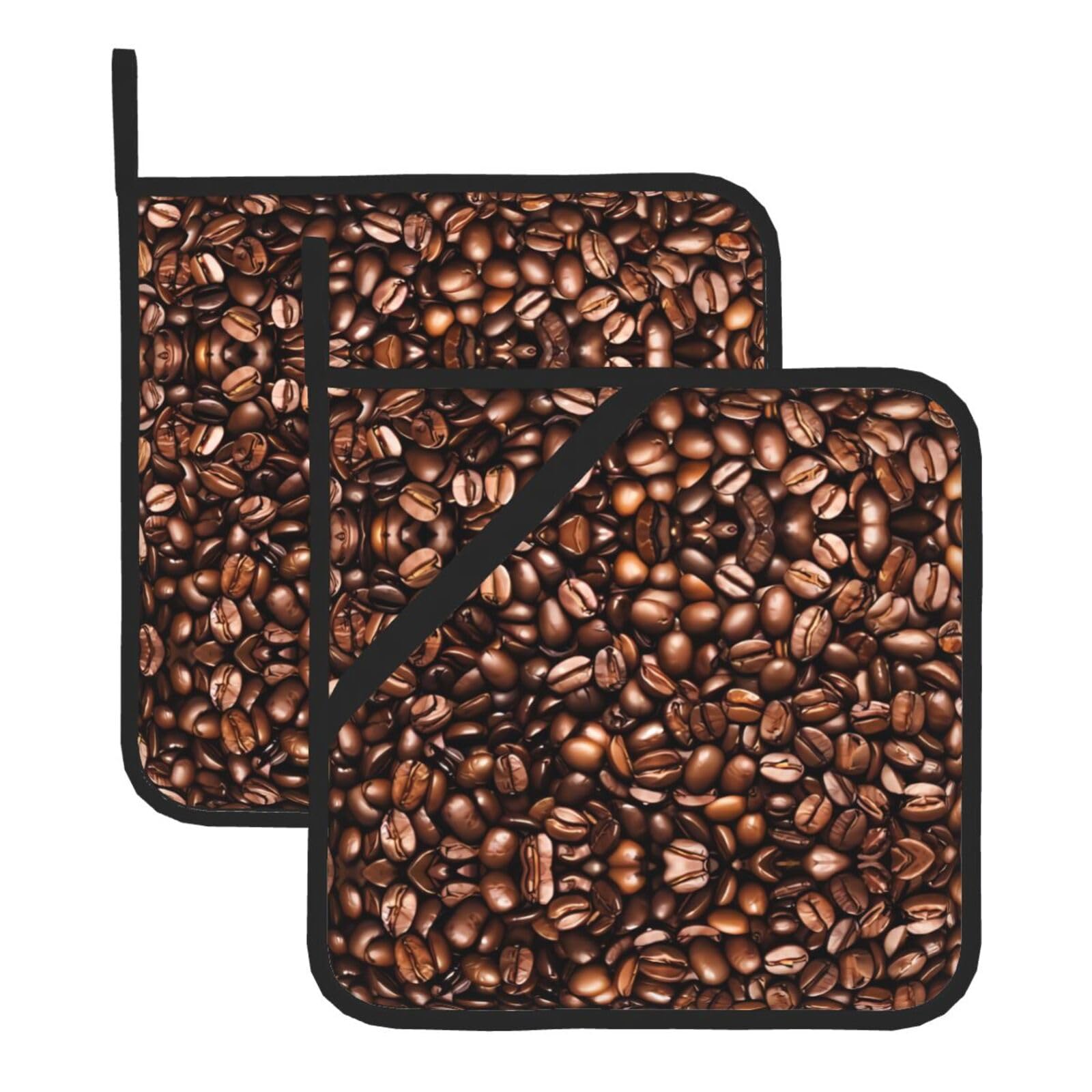 Hjfczh Black Funny Roasted Coffee Beans Prints Square Hot Pads Set Of 2 - Waterproof Kitchen Covers For Pots & Pans, Heat Resistant Layers With Hanging Loop - Great For Oven & Bbq