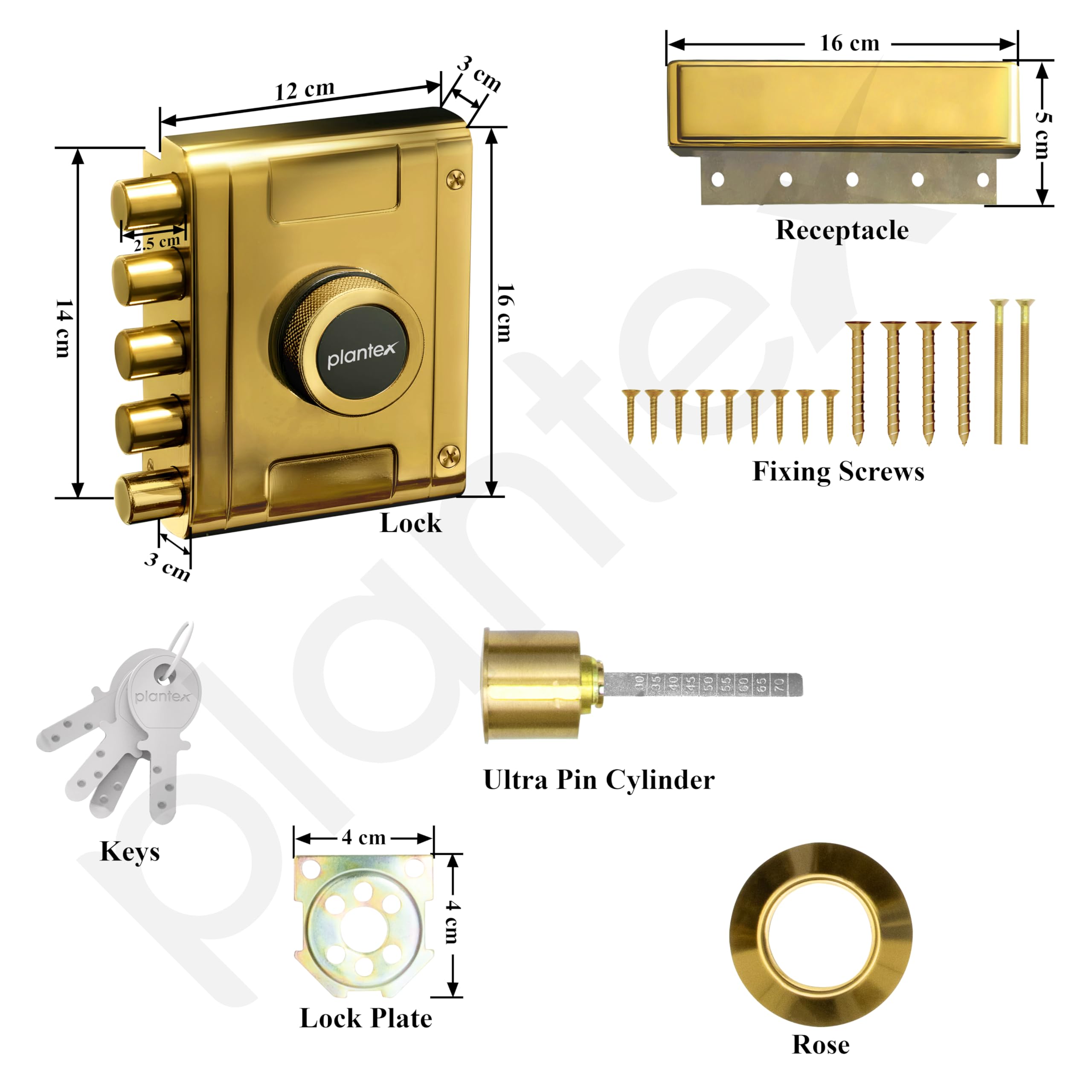 Plantex Stainless Steel Penta Bolt Lock for Main Door/5-Point Security Deadbolt with Brass Cylinder & 4 Keys/Door Lock Set with 5 Years of Warranty (PVD Gold) — Amazon image 8