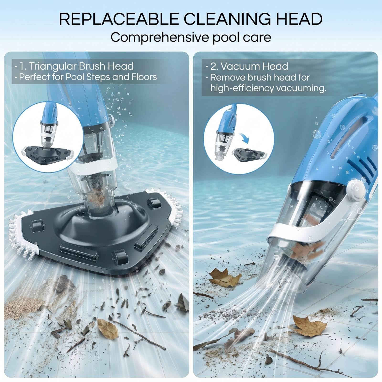Bostar Aspirateur de piscine sans fil 120 l/min avec barre télescopique, autonomie de 80 minutes, double filtration, aspirateur à main pour petites piscines, spa, piscine de jardin