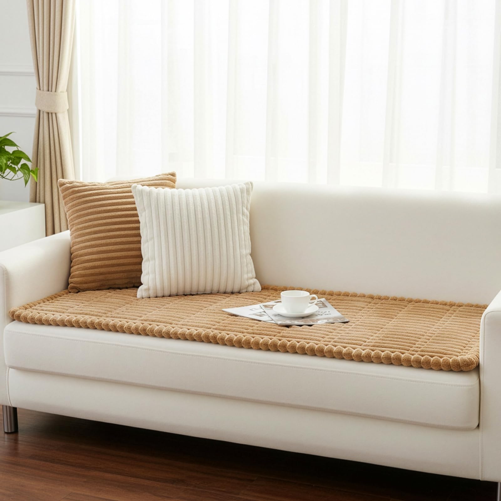 EVERGOODS Thick Sofa Covers Washable Fit 1-3 Seater (Fits up to 153cm Length & 73.5cm Width) Stretch Sofa Cover Soft Corduroy Universal Sofa Cover Anti-Slip Elastic Bottom for Living Room (Khaki)