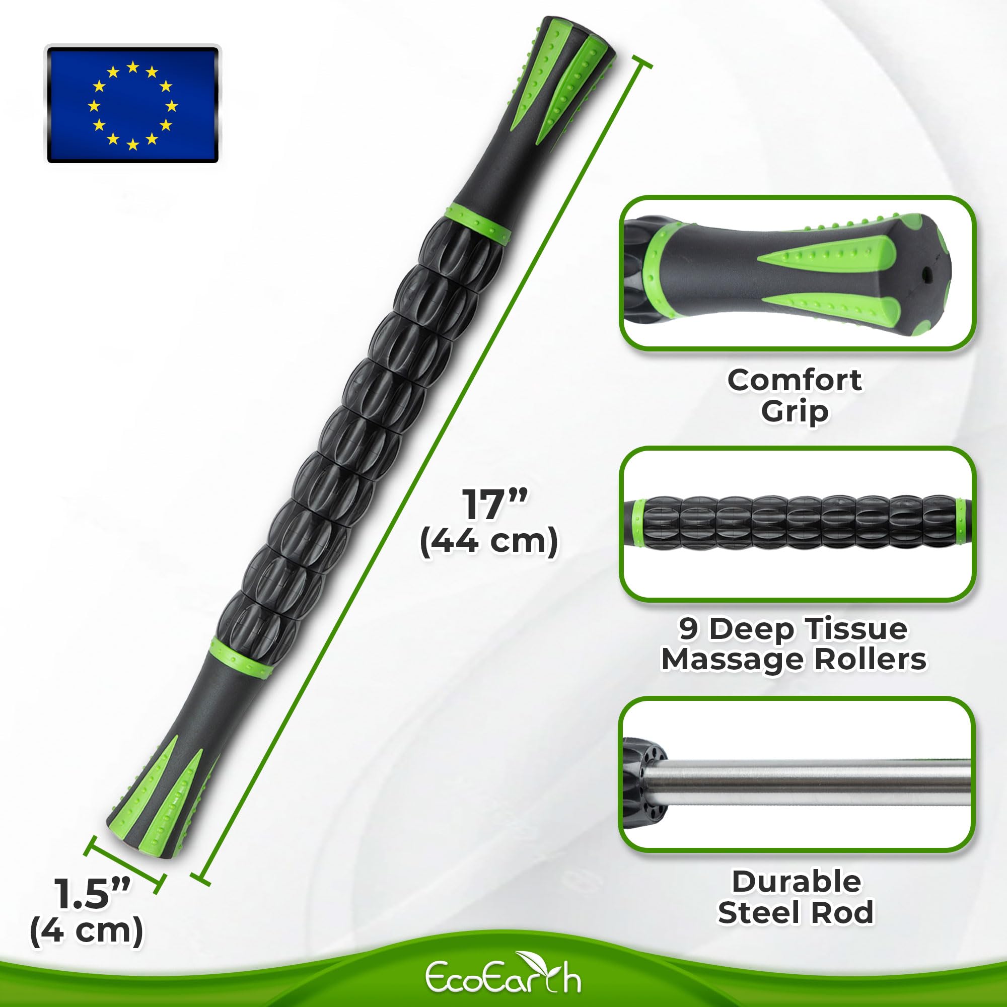 EcoEarth Muscle Roller Stick (43x4cm, 1 PK) - Lymphatic Drainage Massager for Arm, Shoulder, Back & Leg - Myofascial Release Trigger Point Fascia Massage Tool