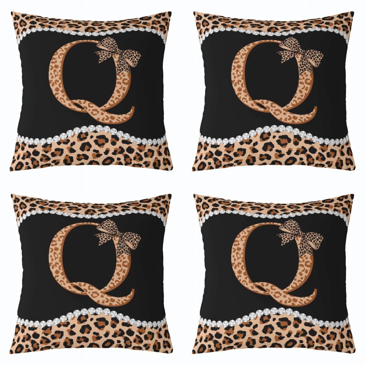 Loussiesd Juego de 4 fundas de cojín con lazo de guepardo marrón de 50 x 50 cm, fundas de almohada decorativas con letra inicial Q, fundas de cojín para sofá, cama, estampado de leopardo, decoración