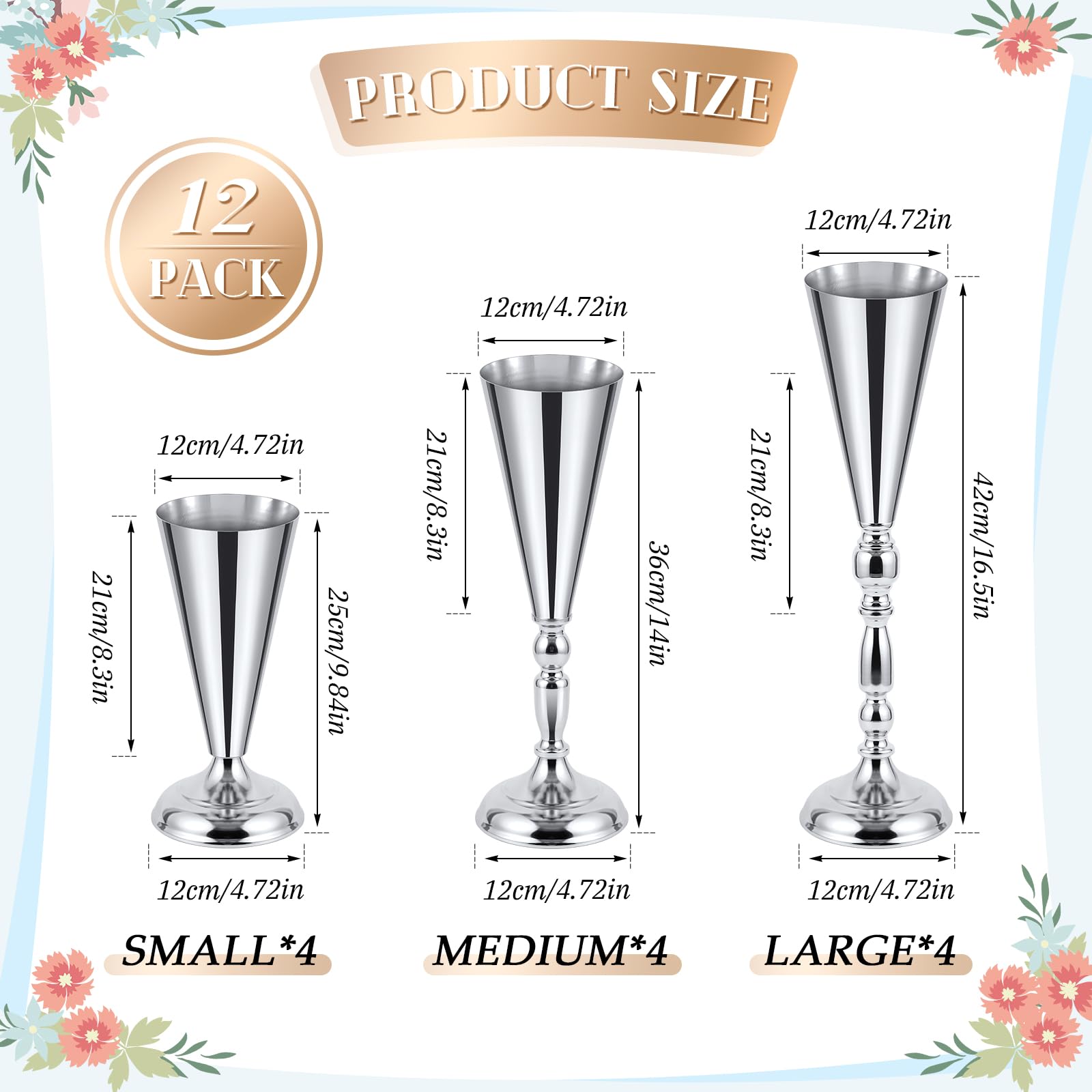 Boao 12 Stück hohe Vasen für Tafelaufsätze, 3 Größen, Metall-Blumenständer für Hochzeit, elegante Trompetenförmige Vasen für Tisch, Weihnachten, Geburtstag, Party-Dekorationen, einfach zu montieren