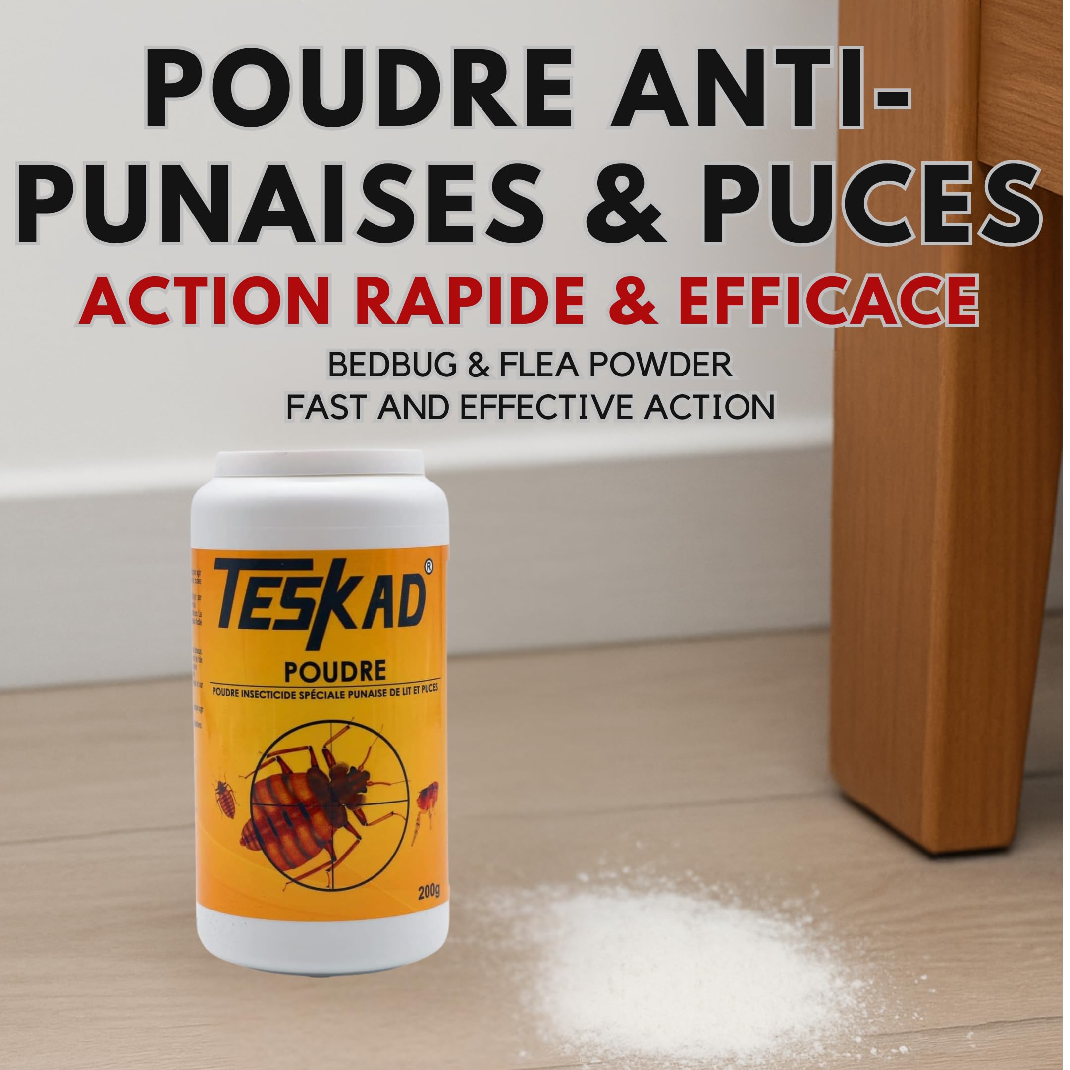 Poudres anti punaises de lit et puces Teskadust 200g (1) – Formule à Base de Cyphénothrine – Action Choc par Contact – Utilisation Directe sur Matelas, Plinthes, Fissures et Sacs à Vêtements