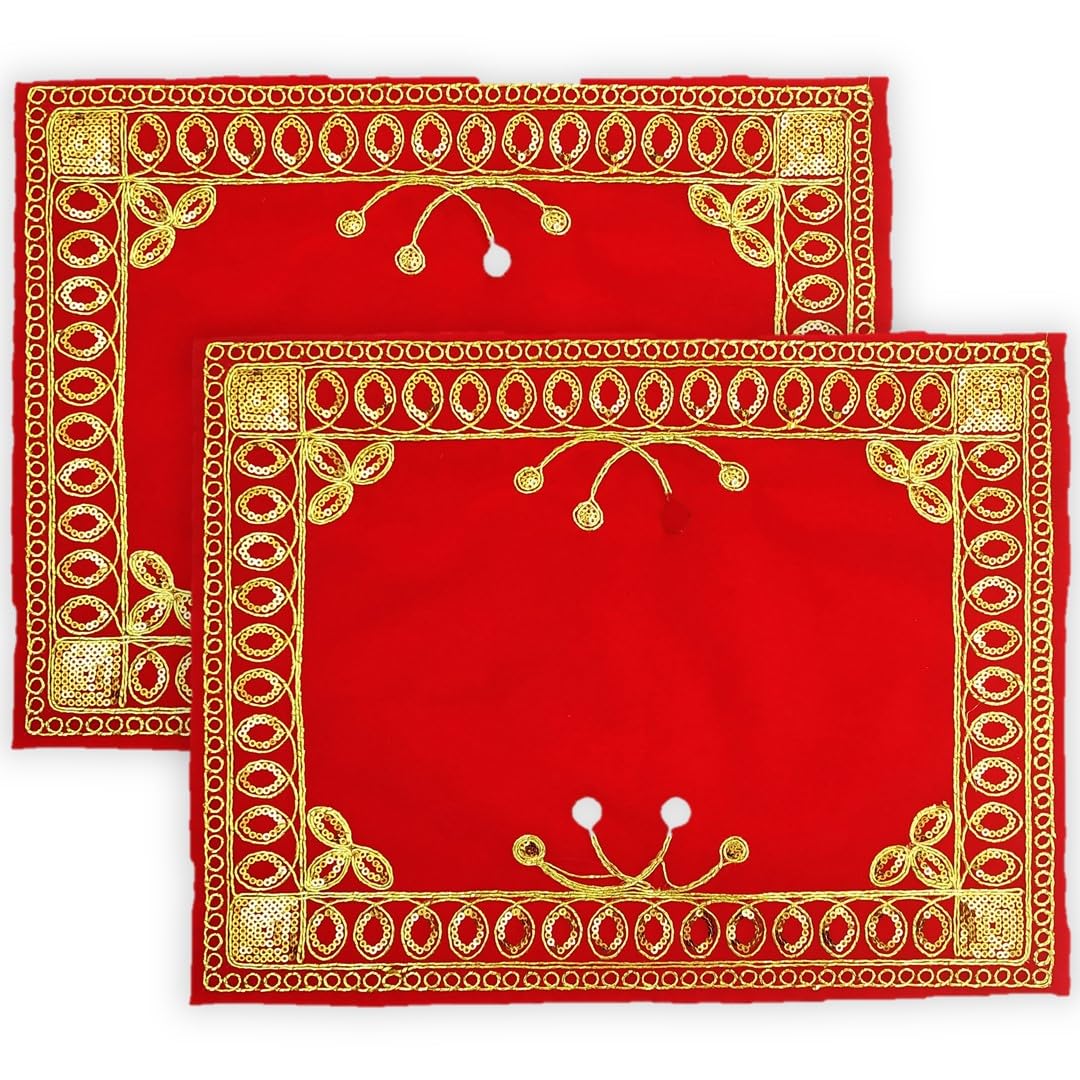 BHAKTI LEHAR - Premium Range Of Pooja Accessories(10 x 14 Inch) Fancy Embroidery Jari Design Red Velvet Aasan Cloth for God Mandir, Idols Sitting, Home Mandir, Temple and Ghar Pack 2
