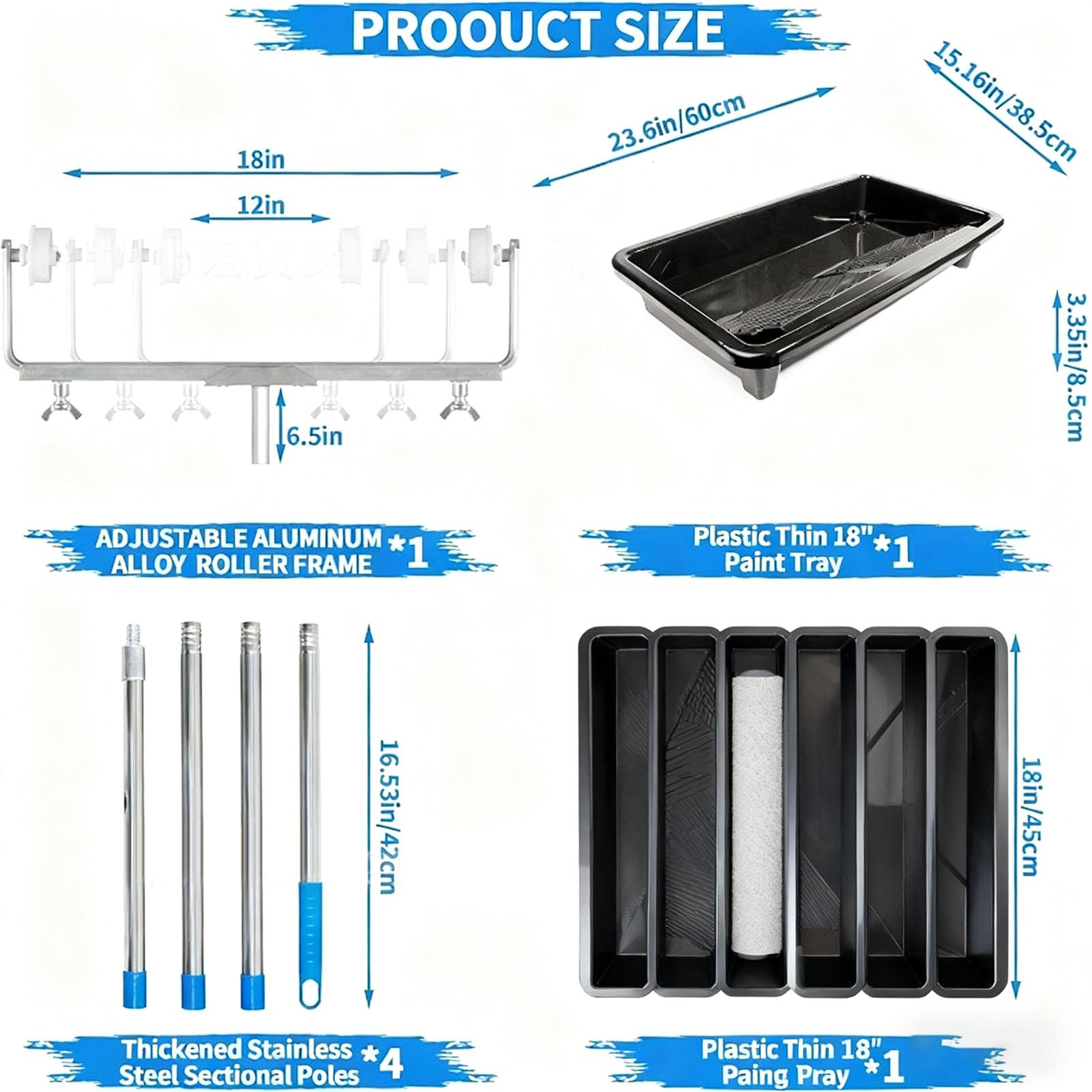 Kit de Rodillo de Pintura de 18 Pulgadas con 5 Postes de extensión, Bandeja de Pintura, Ruedas de Cubierta de Rodillo para Paredes Interiores, techos, Pintura casera DIY