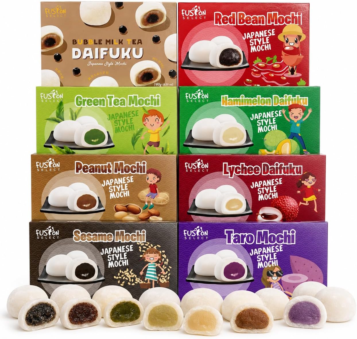 Japanese Mochi 8 Variety Pack: Boba Milk Tea, Taro, Sesame, Hamimelon, Lychee, Green Tea, Peanut & Red Bean in Fusion Select Gift Box