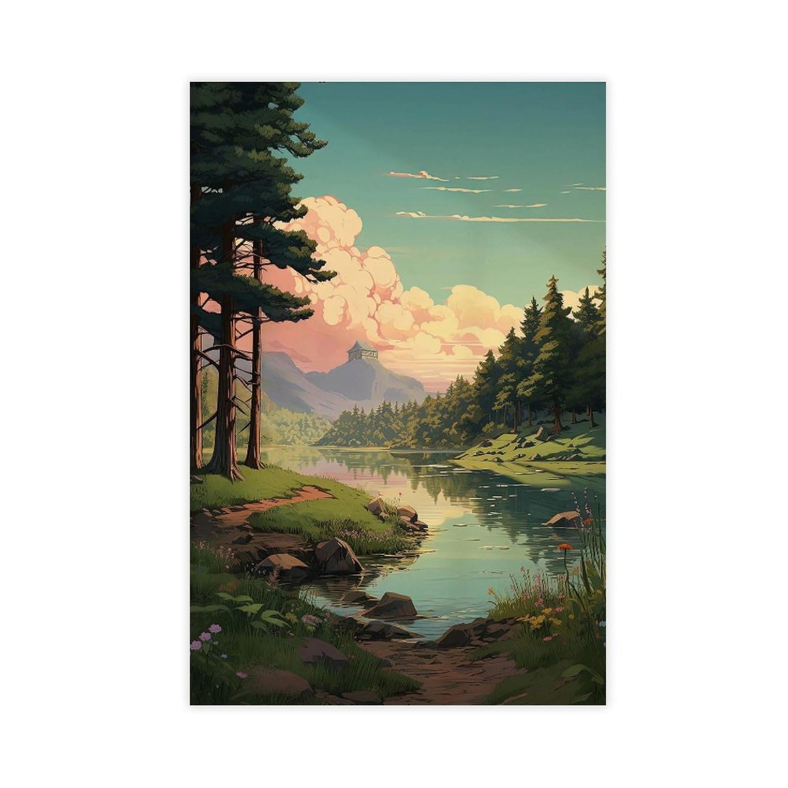 Bareronor Forest And Lake Scene Canvas Poster for Bedroom Decor Gift