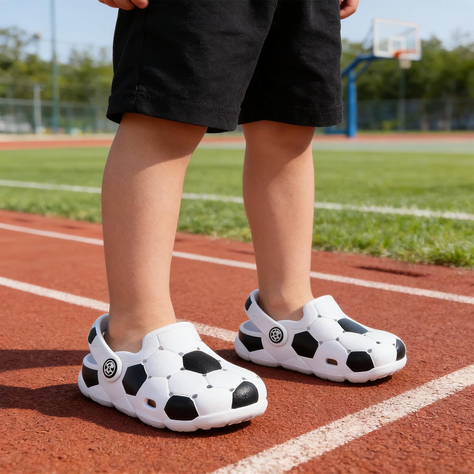 KUKTO Kids Boys Girls Soccer Football Basketball Clogs Little Kids Sports Clogs Slip On Sandals Lightweight Breathable Non-Slip Summer Beach Garden Shoes in use
