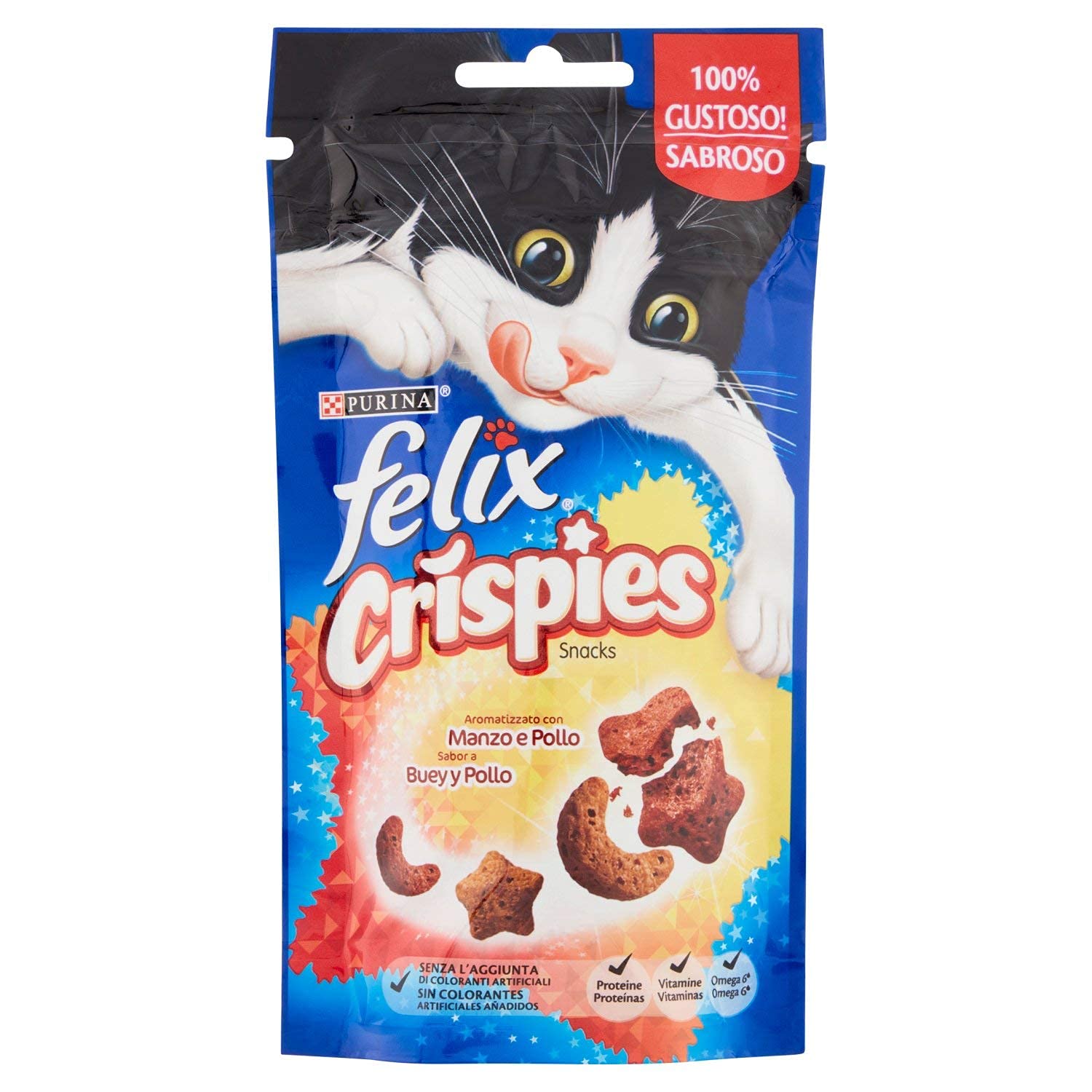 Felix Purina Crispies, Snack, premio para Gato con Buey y Pollo, bolsa de 45g