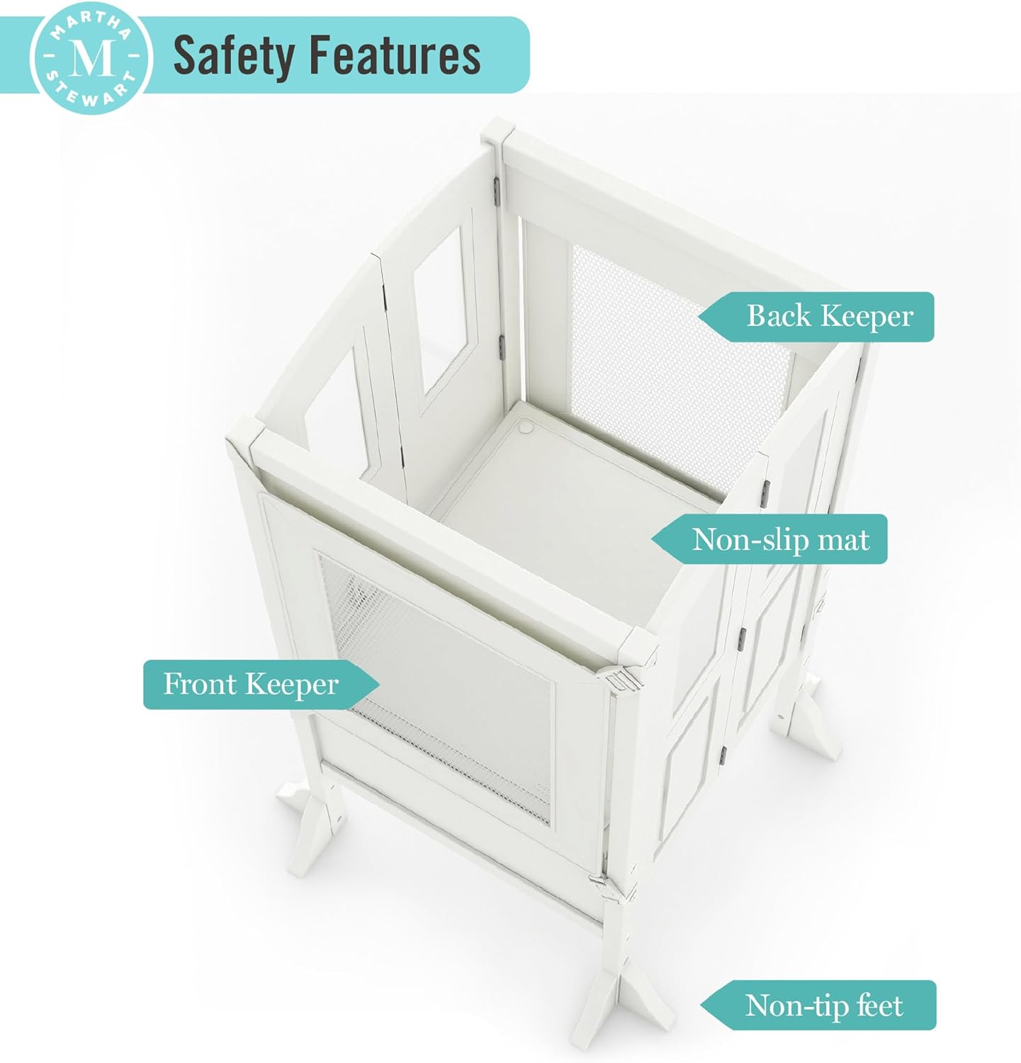 Martha Stewart Kitchen Helper Toddler Tower by Guidecraft - Linen White | Foldable Wooden Learning Toddler Standing Tower & Adjustable Step Stool | Montessori Kids Counter Height Kitchen Stool