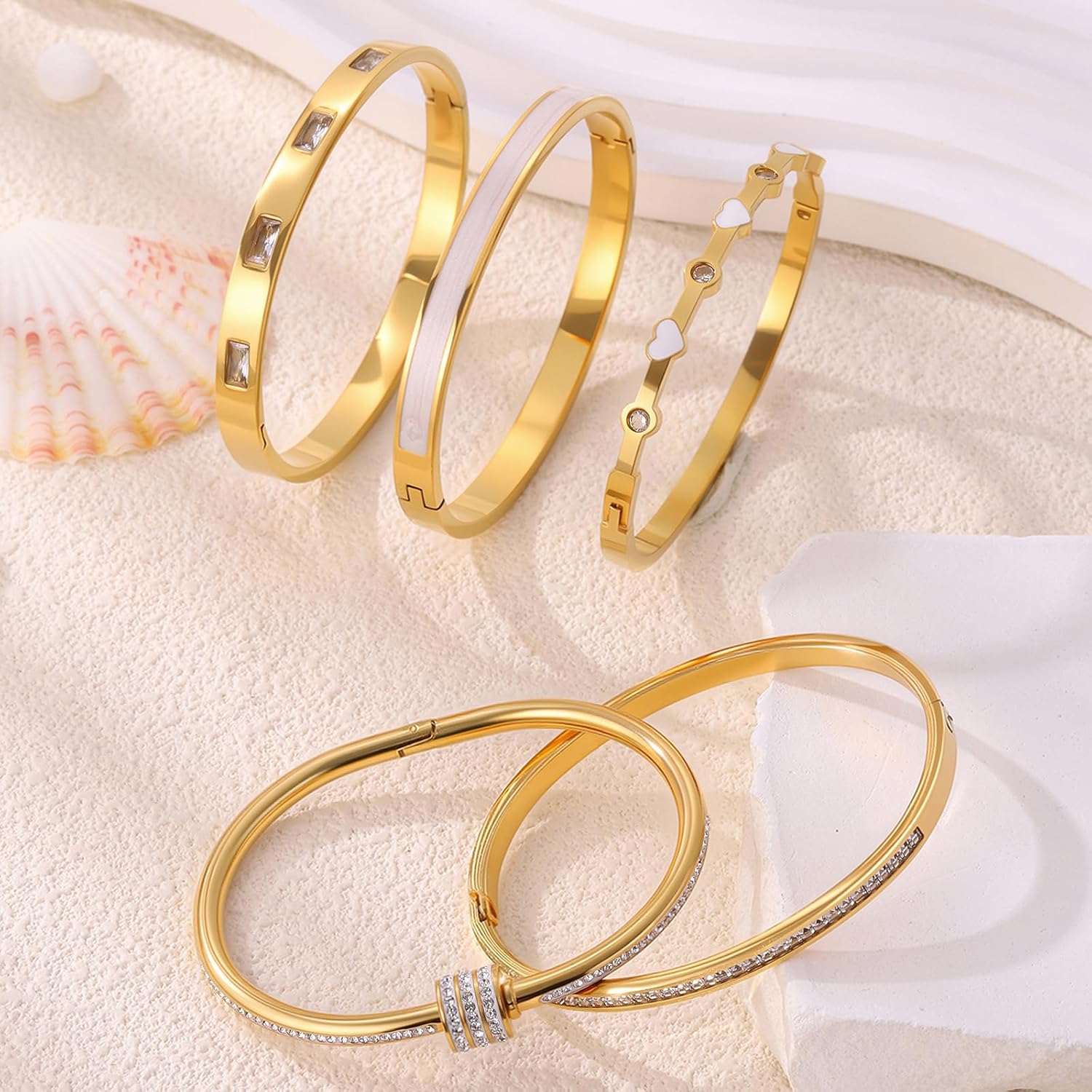 Pink Heart Bangle Bracelets for Women - 18K Gold Plated Stackable Stainless Steel, Friendship & Love Jewelry Gift for Her - Image 8