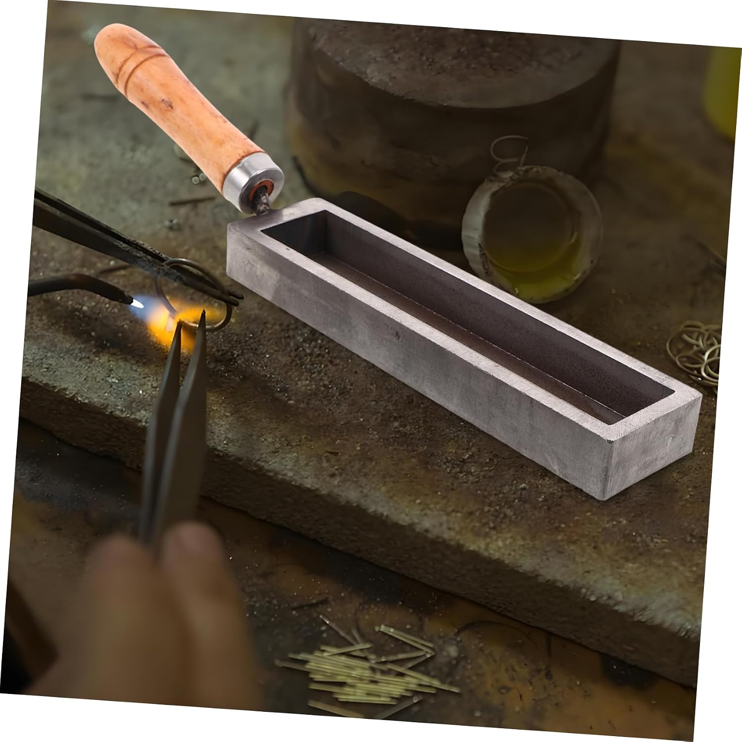 Metal Ingot Mold Wooden Handle for Gold Melting and Jewelry Casting Heavy Duty Iron Oil Tank Mold for Gold Silver and Iron Refining Jewelry Making