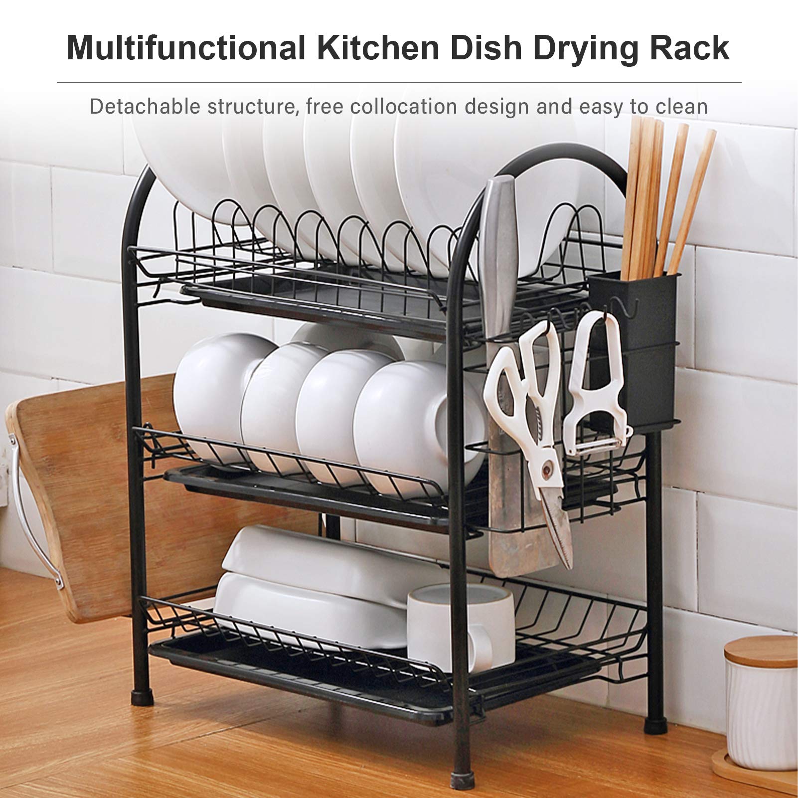 Pongnas Rejilla para Secar Platos, Rejilla para Platos con Diseño en Forma de U Rejilla para Secar Platos Grande de 3 Niveles para Encimera de Cocina para Platos, Tazas y Tablas de Cortar