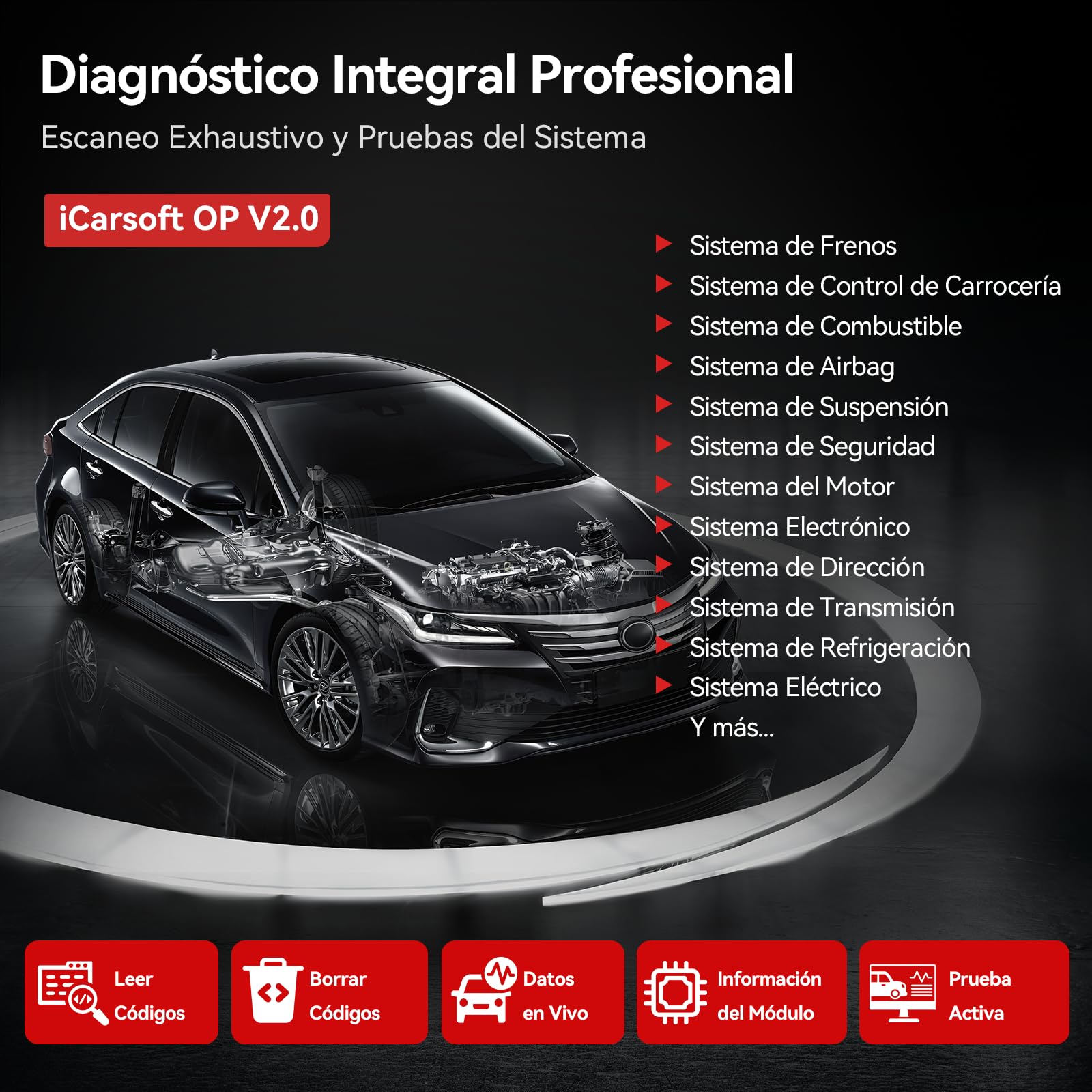 iCarsoft OP V2.0 OBD2 Máquina Diagnosis Coche para Opel/Vauxhall, Escáner de Todo el Sistema, Detector Fallos Coche con 9 Funciones Reinicio, Prueba de Batería, Actualización de por Vida