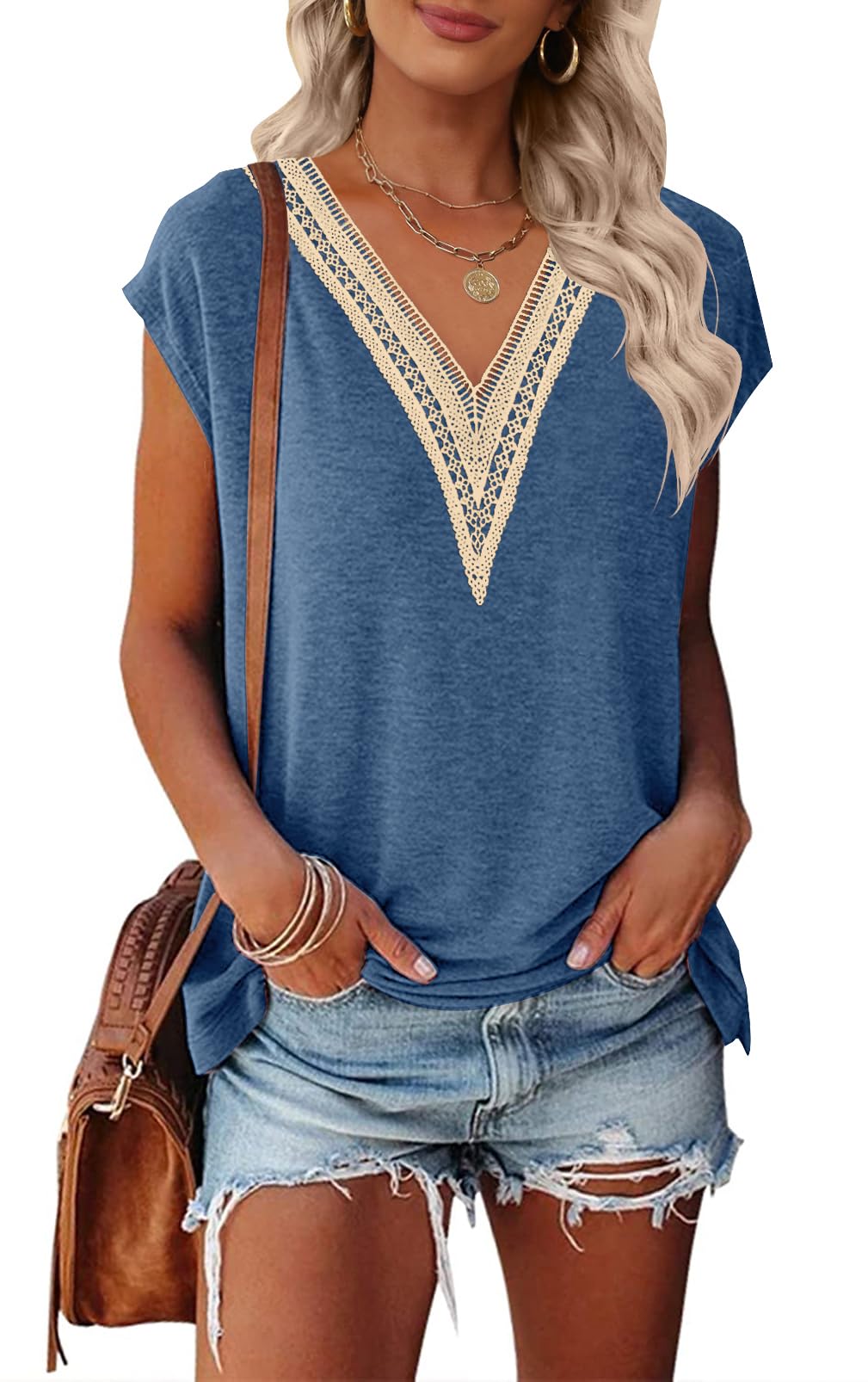 View 1 of ***STOCK PHOTO REFERENCE ONLY***MEROKEETY Womens Print Lace V Neck Tops Trendy Off The Shoulder Short Sleeve T Shirts Blouses, DarkBlue, Medium