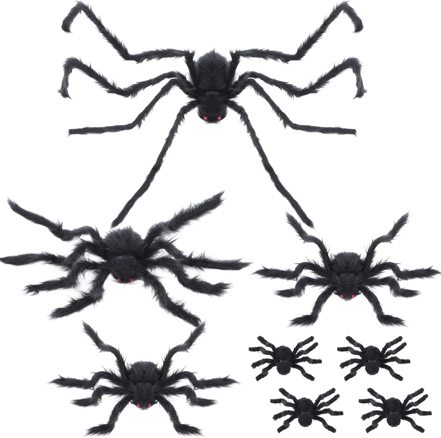 Amyhill 8 Pack Halloween Giant Hairy Spiders 59", 35.4", 23.6",11.8" Assorted Sizes Hairy Spiders Props for Halloween Outdoor Indoor Yard Haunted House Porch Party Decorations(Black)