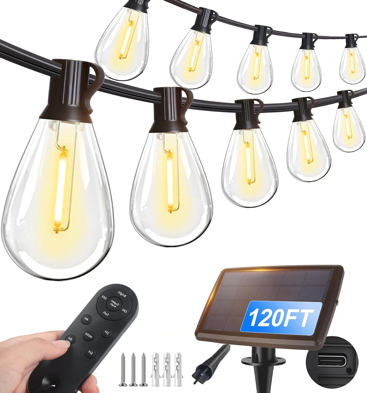 Tenmiro Solar Outdoor String Lights 120FT with Remote, 32+2 LED Shatterproof