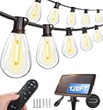 Tenmiro 120FT Solar Outdoor String Lights with Remote and 32+2 LED Shatterproof Bulbs Dimmable & Timing 3 Light Modes Solar Patio String Lights for Cafe, Garden, Deck, Outside Wedding Last for 10+Hrs