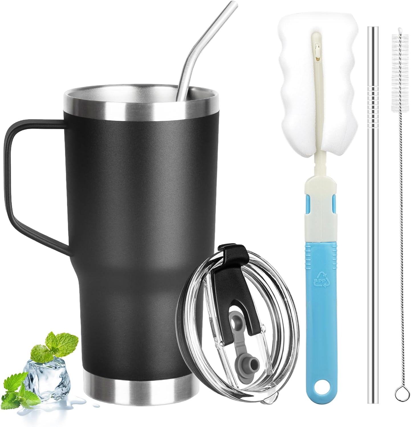 20 oz Tumbler with Handle, Stainless Steel Insulated Tumbler with Lid and Straw, Double Wall Vacuum Coffee Mug Tumbler, Insulated Coffee Thermal Cup for Cold and Hot (Black)