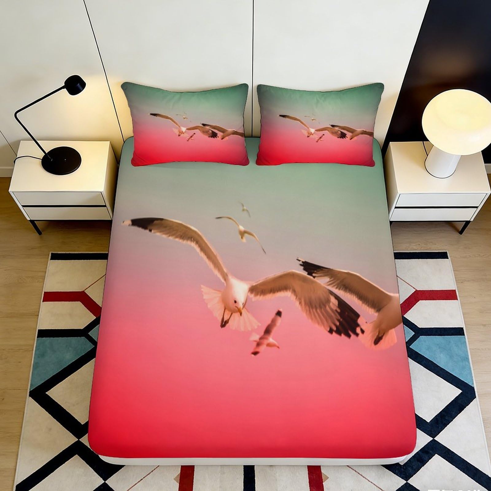 3D Printed Seagull Fitted Sheet Microfiber Soft Breathable Gradient Bed Cover for Bedroom Dormitory Guest Room Mattress Protection Decor 120x200x25cm
