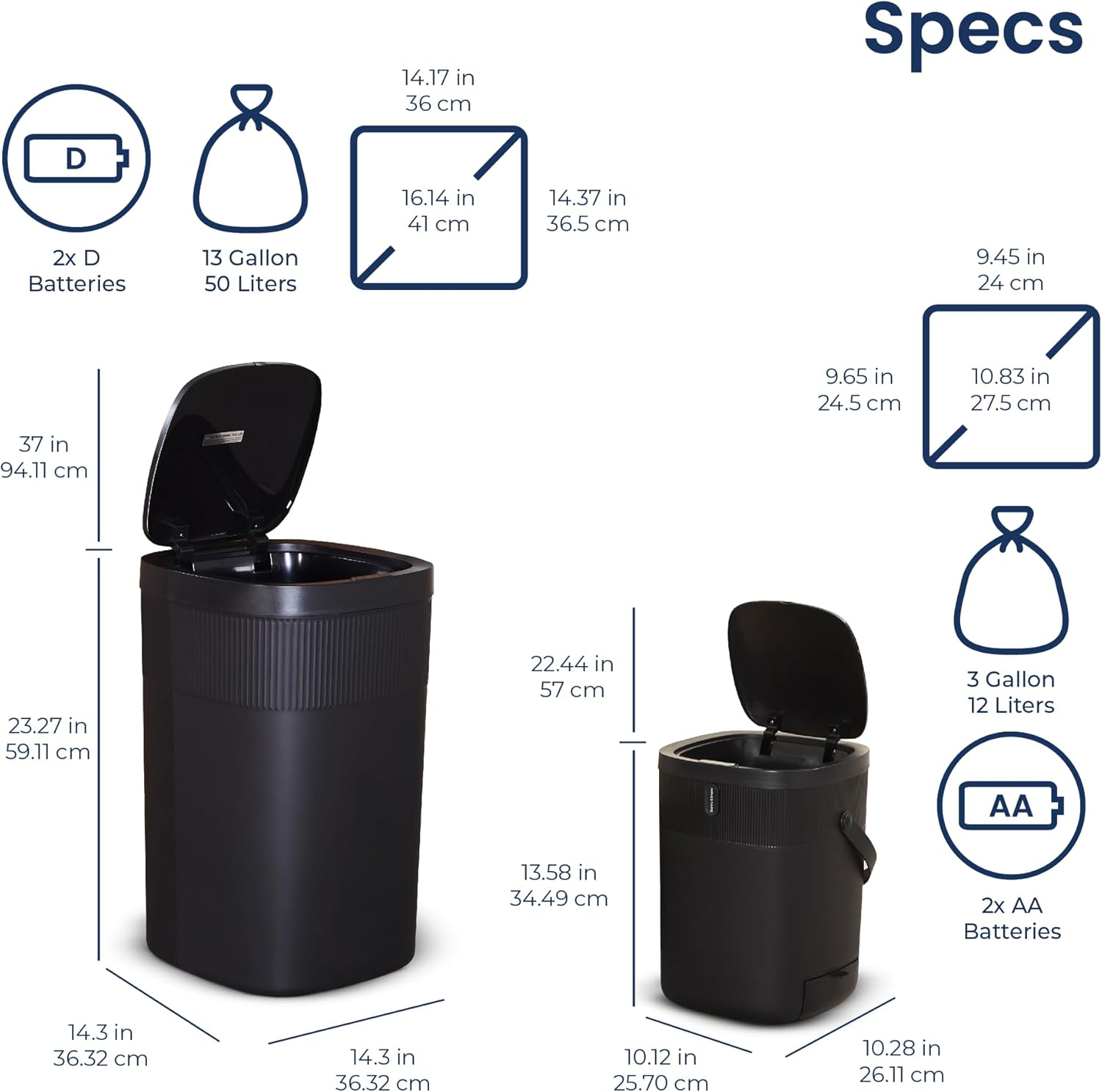 Ninestars Touch Tap & Motion Sensor Combo Trash Can for Kitchen and Bedroom, 13 Gal 50L/3 Gal 12L High-Grade ABS Body (Rectangular, Black)