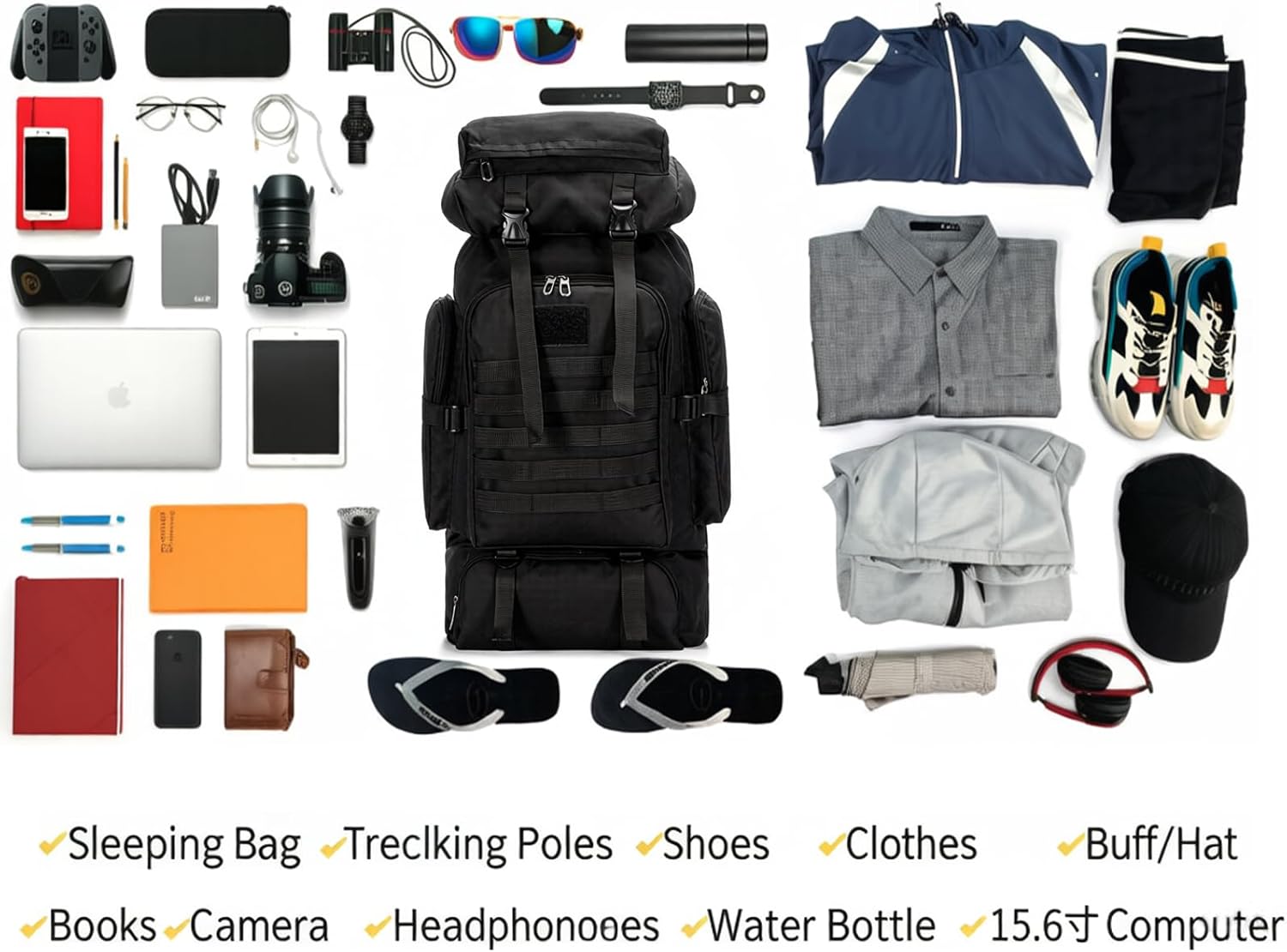 80L Camping Hiking Backpack,Molle Military Tactical Rucksack Backpack,Waterproof Lightweight Hiking Backpack for Outdoor (Black, 80L)