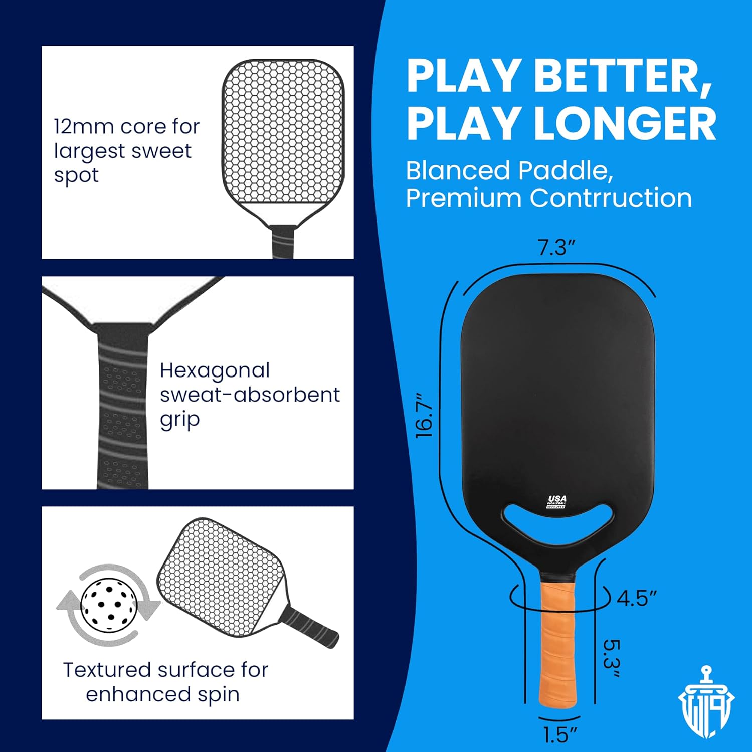 Premium Carbon Fiber Pickleball Paddle with Aero Throat – USAPA Approved, 16mm Polypropylene Honeycomb Core, Textured Carbon Grit Surface for Enhanced Spin and Control