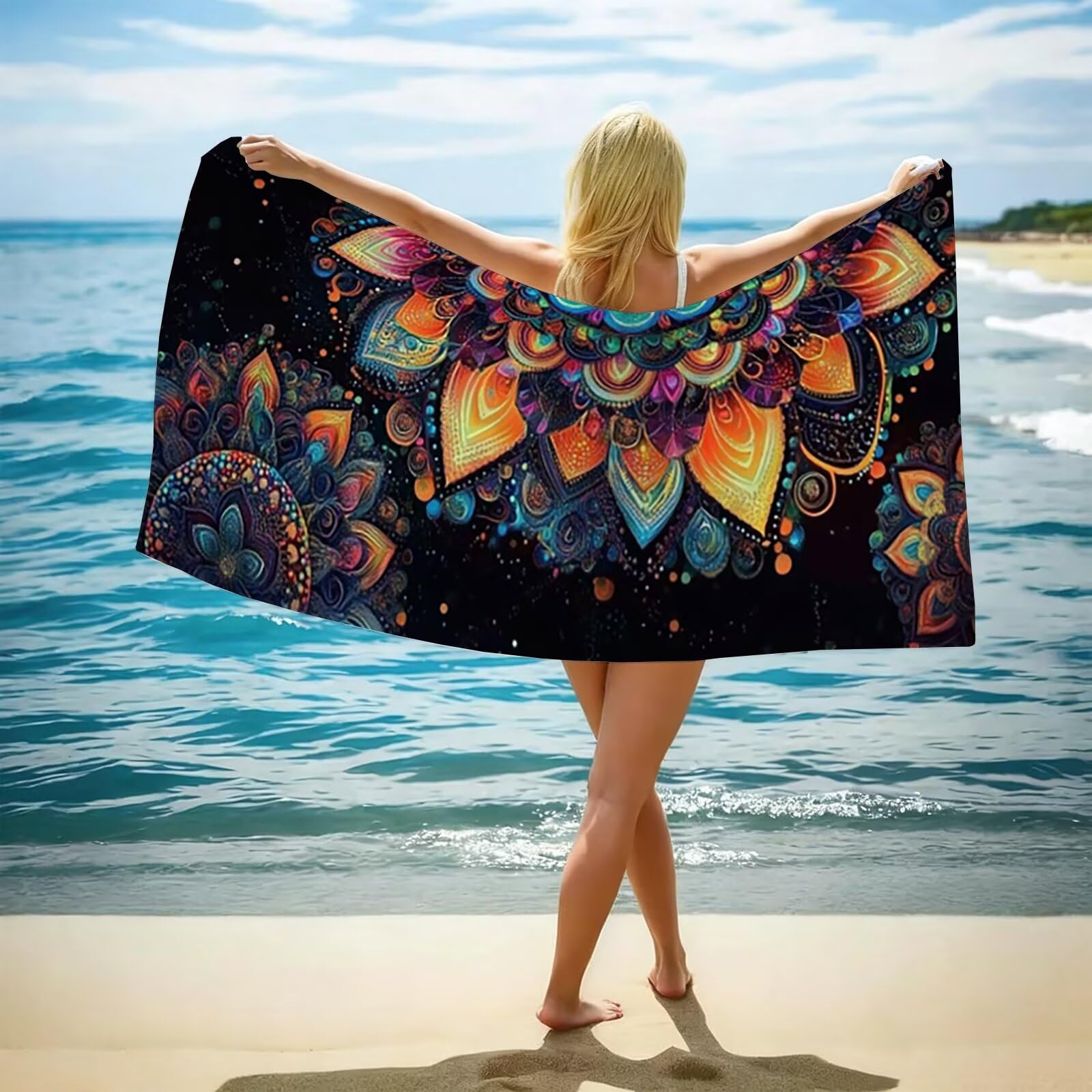 Telo Mare Microfibra - Telo Mare Grande 100x220 cm - Ultra Leggero - Asciugatura Rapida | Asciugamano Mare Donna e Uomo: Facile da Pulir - nero, per Spiaggia, Piscina, Viaggio, Mandala (2) 0J-176