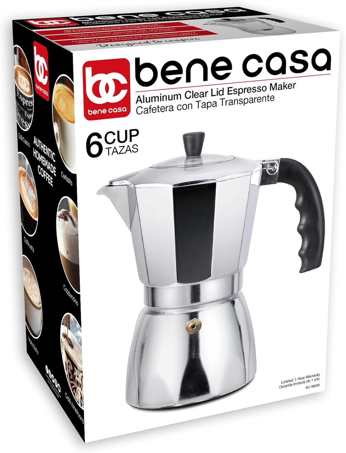 Overstock Bene Casa aluminum 6-cup espresso maker with see through lid, authentic espresso maker, 6 Cup