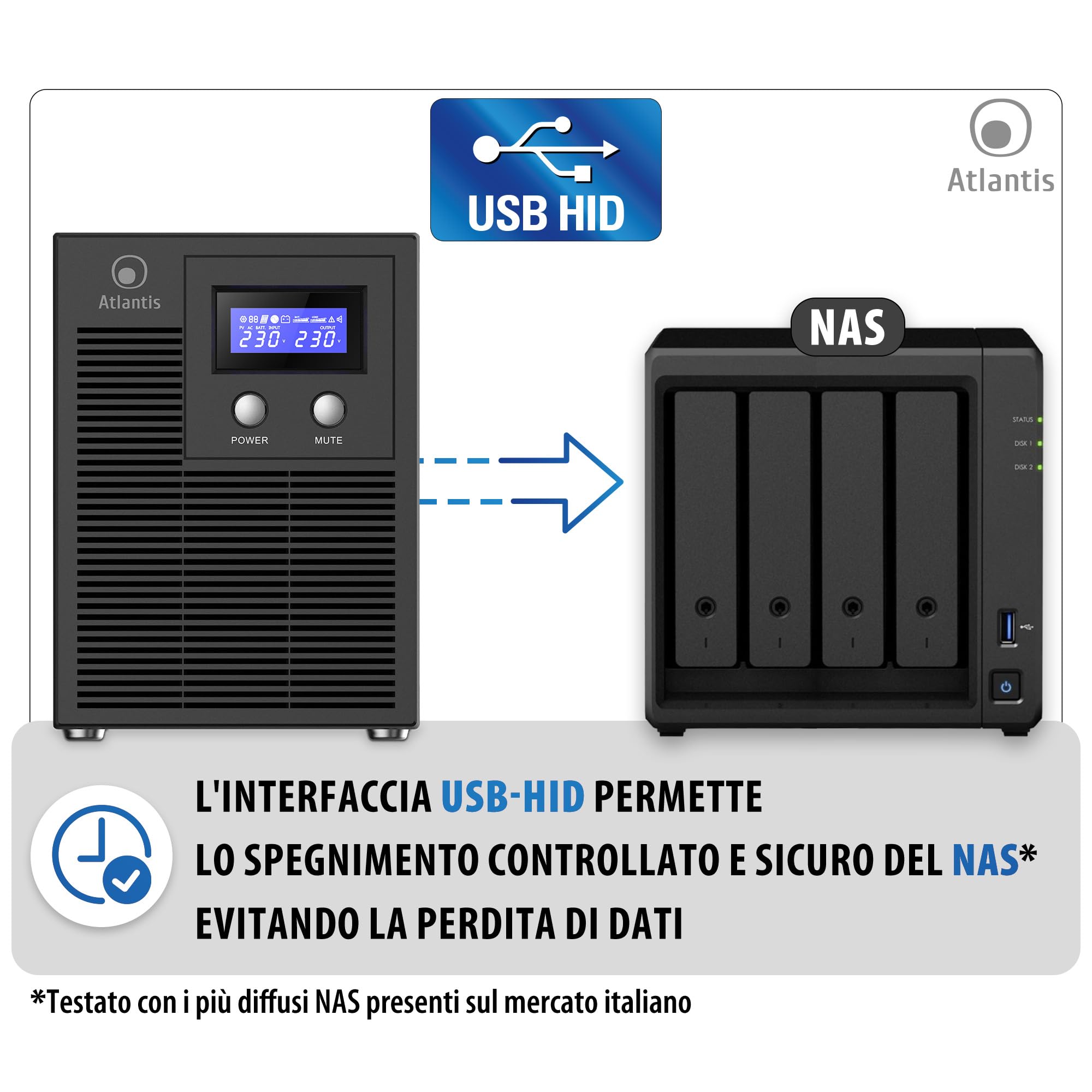 Atlantis Gruppo di Continuità Low Noise 3000VA/2100W, onda sinusoidale pura | UPS Line Interactive, 36,6 dB(A), LCD, USB-HID, 3 IEC + 2 Schuko, RS232, Slot SNMP, 4 batterie 12V 7Ah, cod. A03-HP4003PXLN