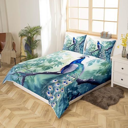 Miniatura 2 de Chinoiserie Chic - Juego de funda de edredón con diseño de pavo real, diseño botánico de pájaro y ramas de árboles, vintage, tribal, vintage, plumas