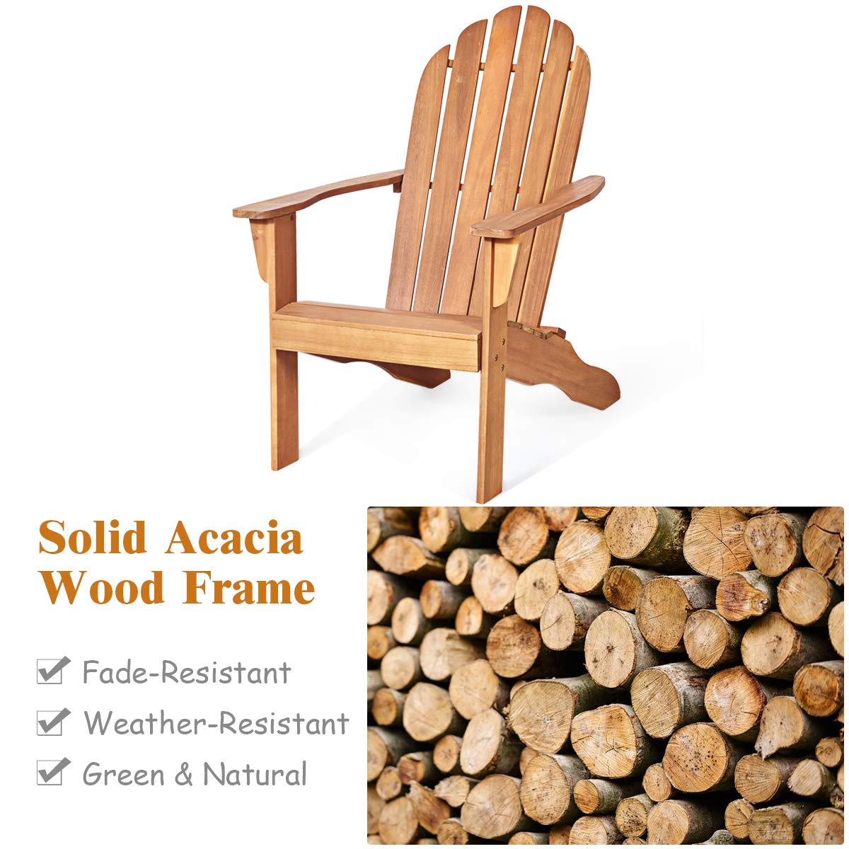 KOMFOTTEU Silla Adirondack de Madera de Acacia, Silla de Jardín con Respaldo Alto y Reposabrazos, Sillón de Exterior Ergonómica con Carga 160 kg, Silla Tumbona para Patio, Terraza, Balcón (Natural)
