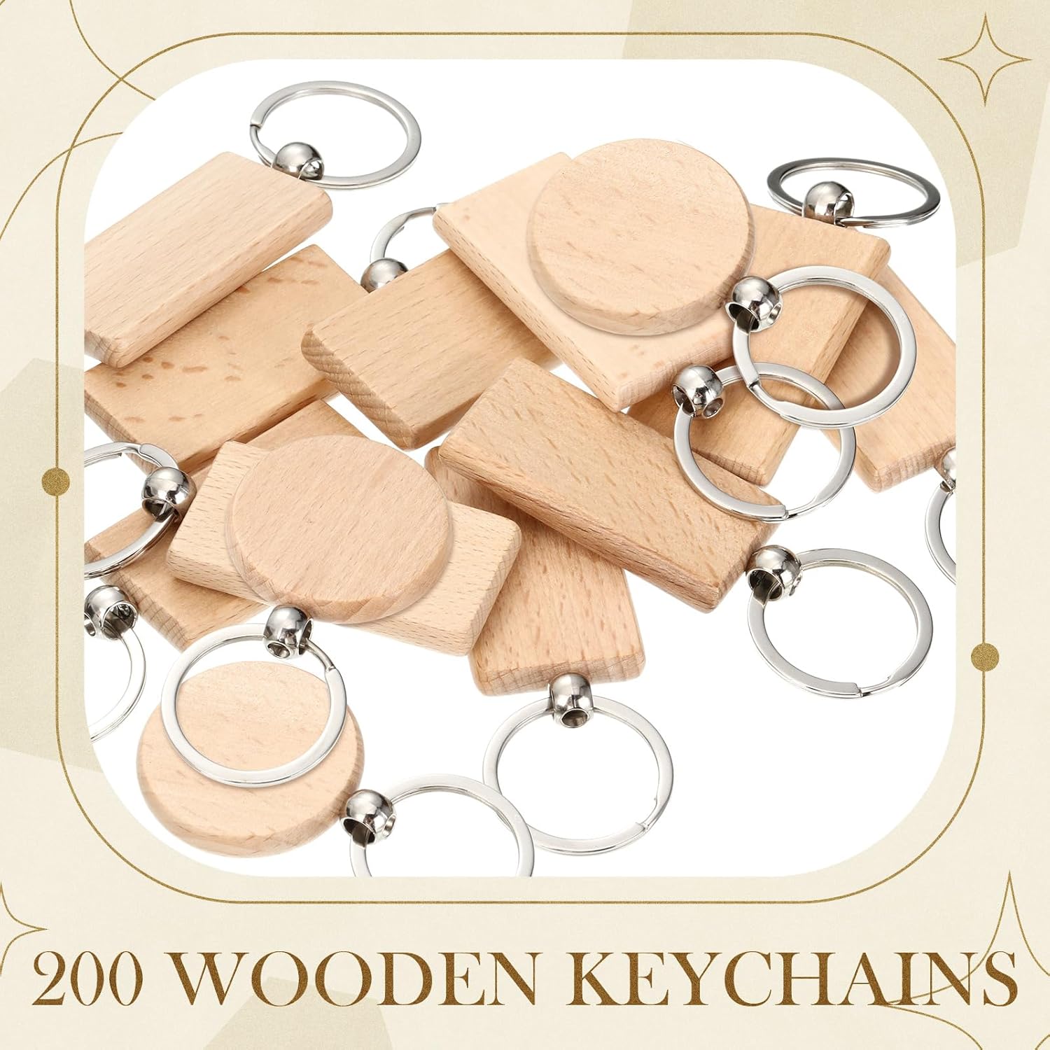 Tondiamo 200 Pcs Wood Keychain Bulk Wooden Blanks for Key Chains Rectangle Round Unfinished Blanks Key Tag Laser Engravable Keychains Items for DIY Gift Craft Supplies