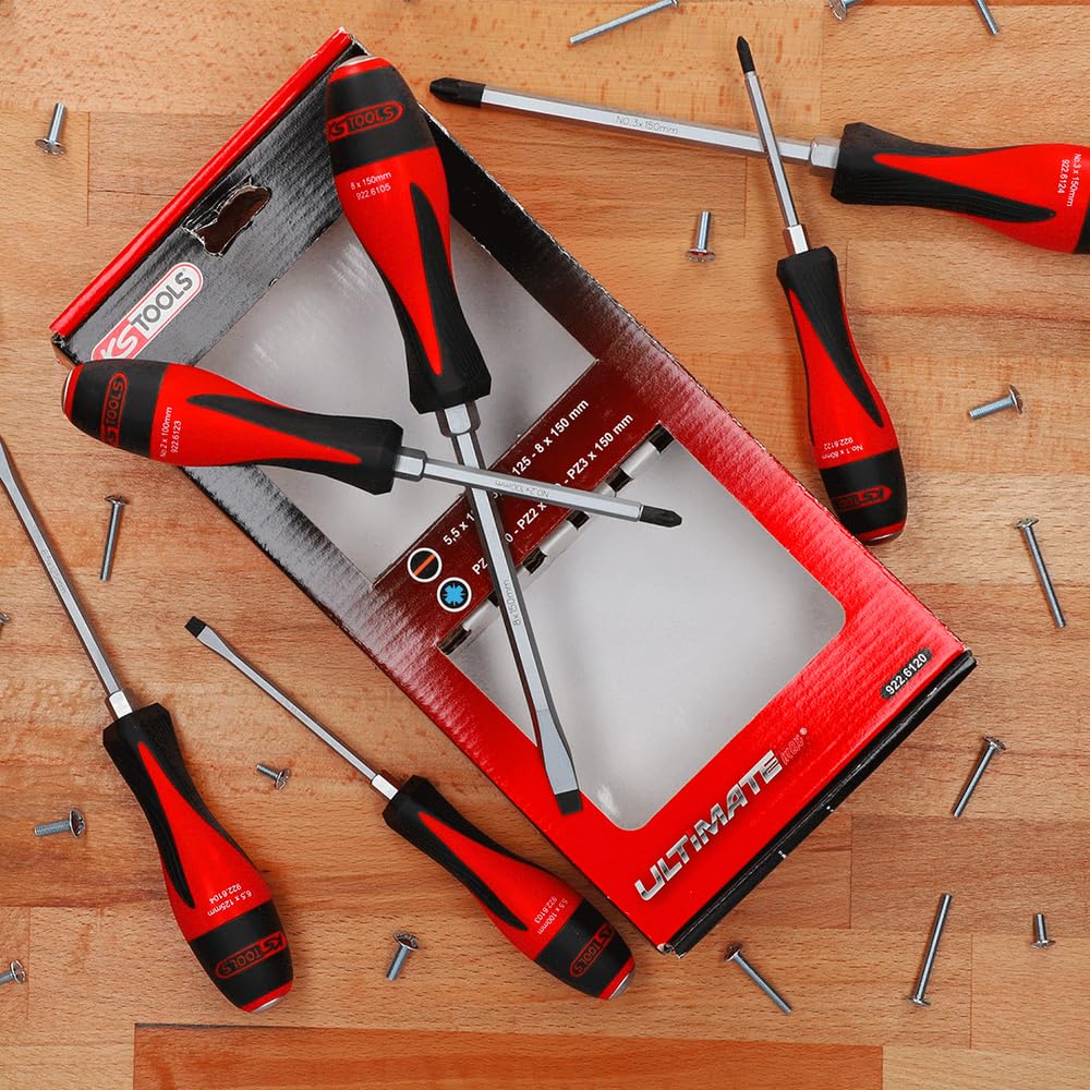 KS TOOLS 922.6120 Box of 6 ULTIMATEmax Screwdrivers, 5.5 to 8 mm - PZ1 to PZ3, Red / Black, Jeu de 6 tournevis - PZ1 à PZ3 - Image 2