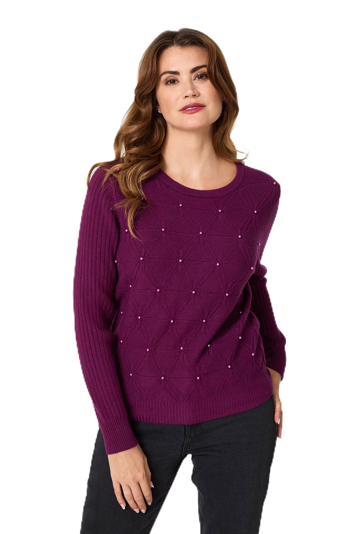 Izabel London Women's Purple Pearl Embellished Texture Jumper In Small