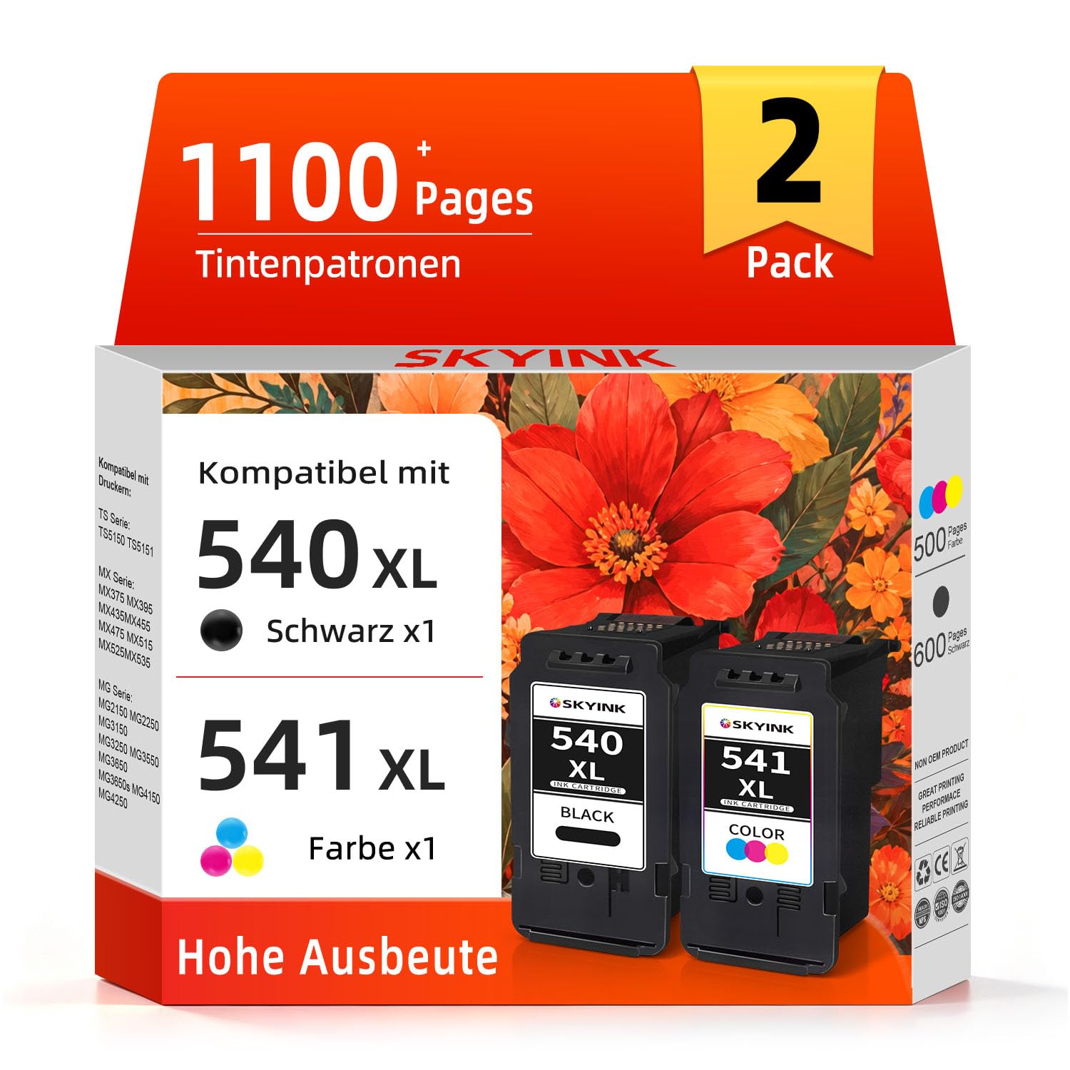 Skyink 540XL 541XL Tintenpatrone Ersatz für Canon Druckerpatronen 540 541 | Kompatibel für PG540 CL541 Patrone für TS5150 MG3600 MG3650s MX475 TS5151 MG4250 MG3550 TS5100 MG3650 (Schwarz Farbe) 2-Pack