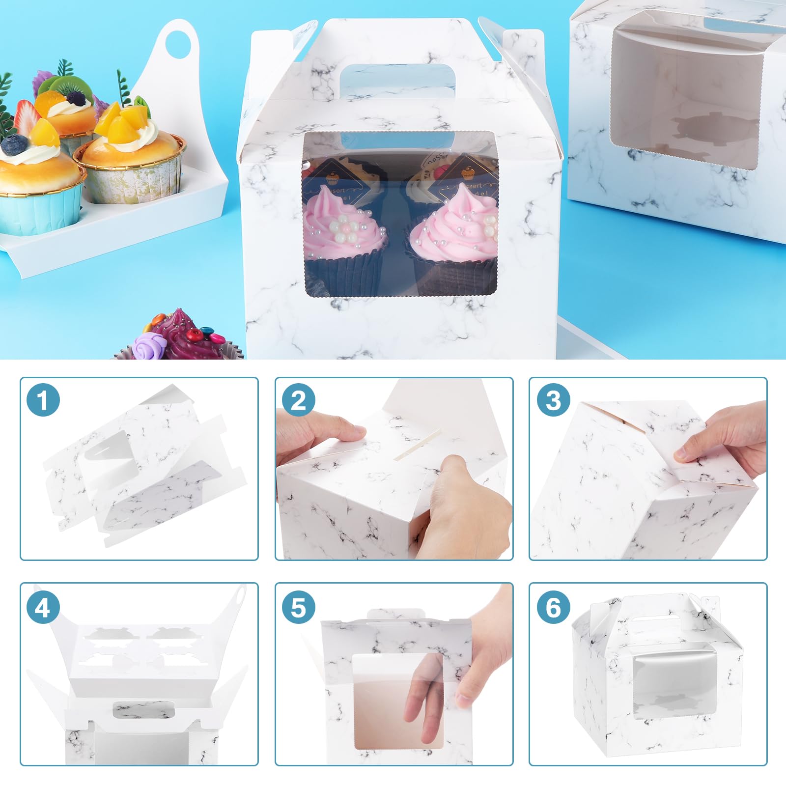 50 Scatole Cupcake 2 Fori - Carta Alimentare, Finestra Trasparente, Con Maniglia