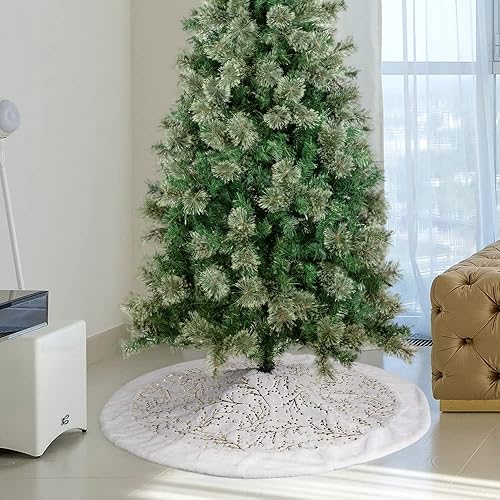 Miniatura 4 de S-DEAL Falda de árbol de Navidad con bayas doradas, falda de árbol de felpa de piel sintética de 48 pulgadas para decoración navideña del hogar
