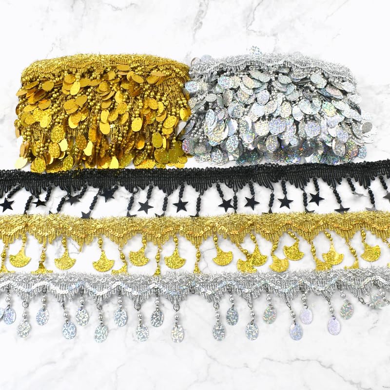 Generisch 1/2/4Meters Star Sequins Tassel Lace Gold Silver Beaded Fringe for Dance Dresses Trim Ribbon Party Tassels Sewing Accessories(RC444-LaserSilver-85,4Meters)